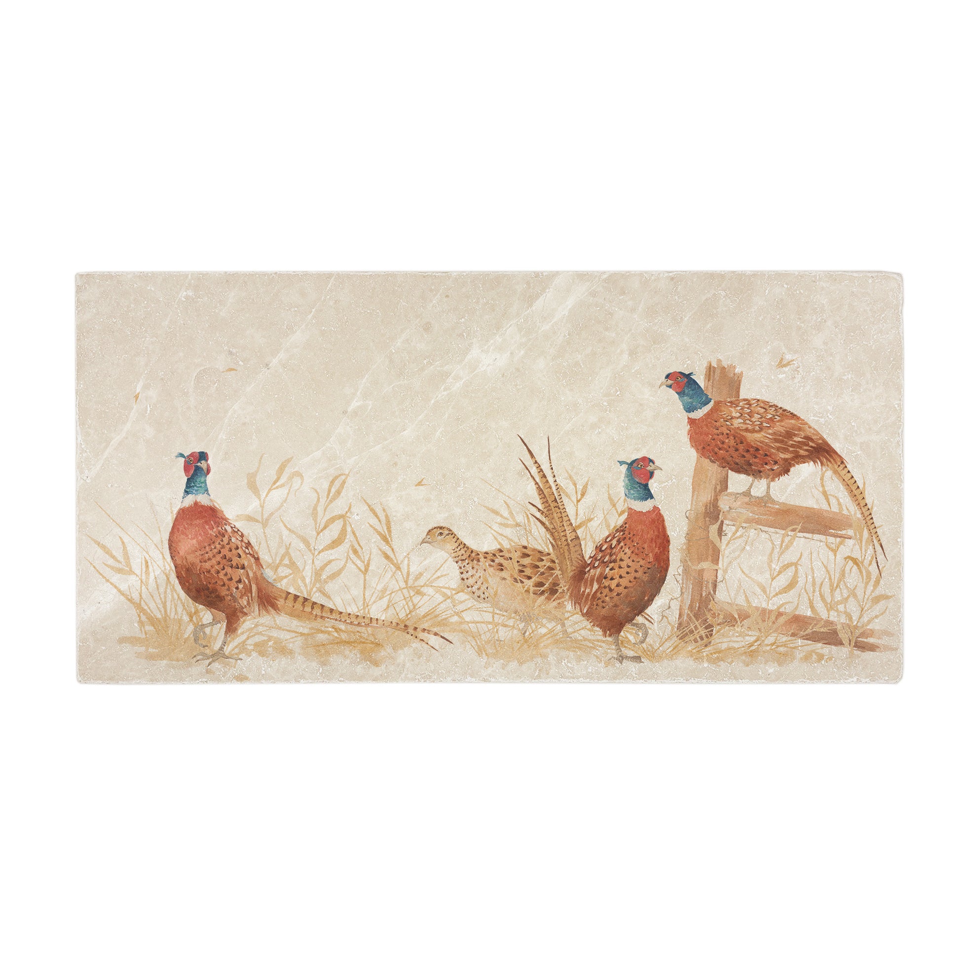 A rectangular cream marble sharing platter, featuring a watercolour design of four pheasants around a countryside fence post in golden grass.
