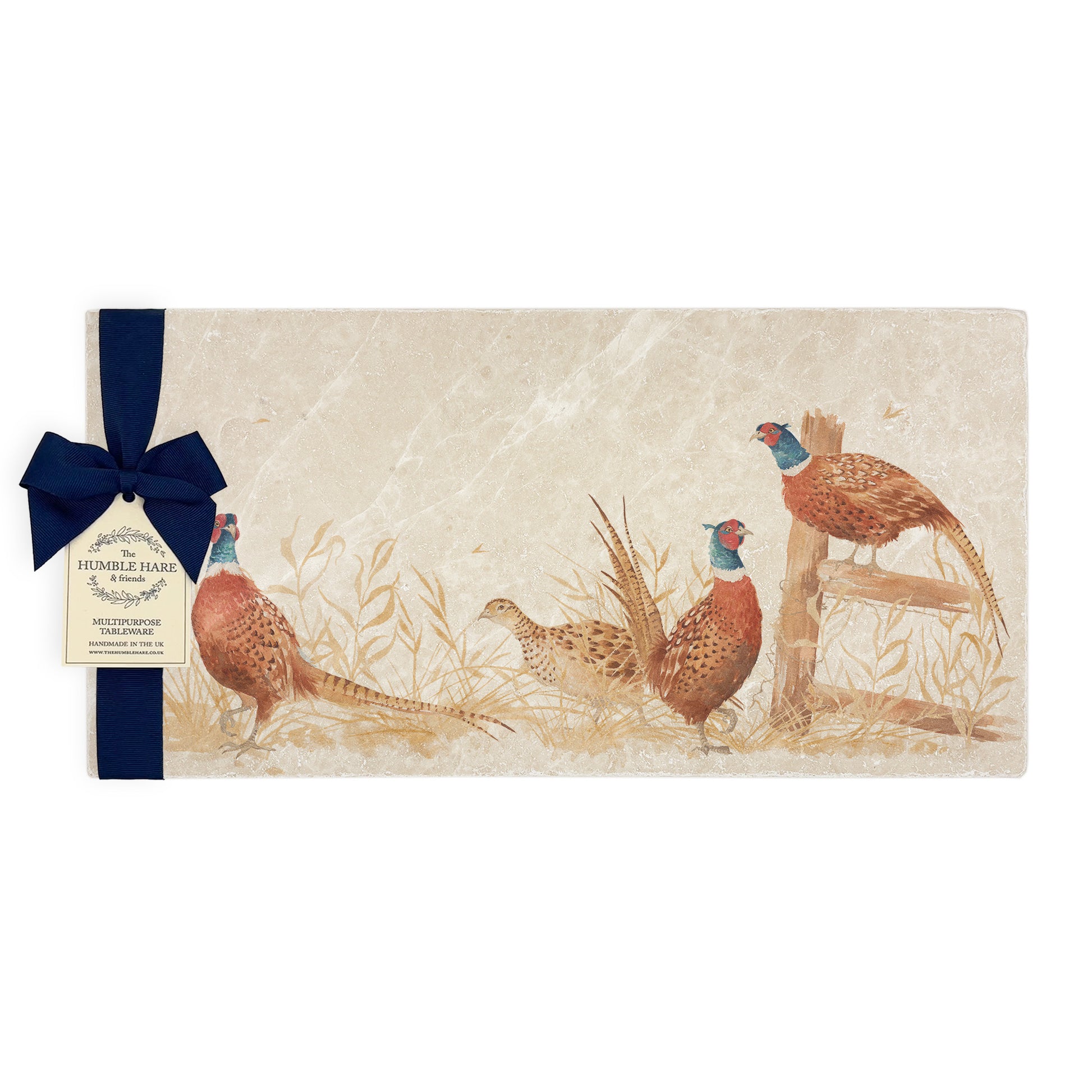 A multipurpose marble sharing platter with a watercolour pheasant design, packaged with a luxurious dark blue bow and branded gift tag.
