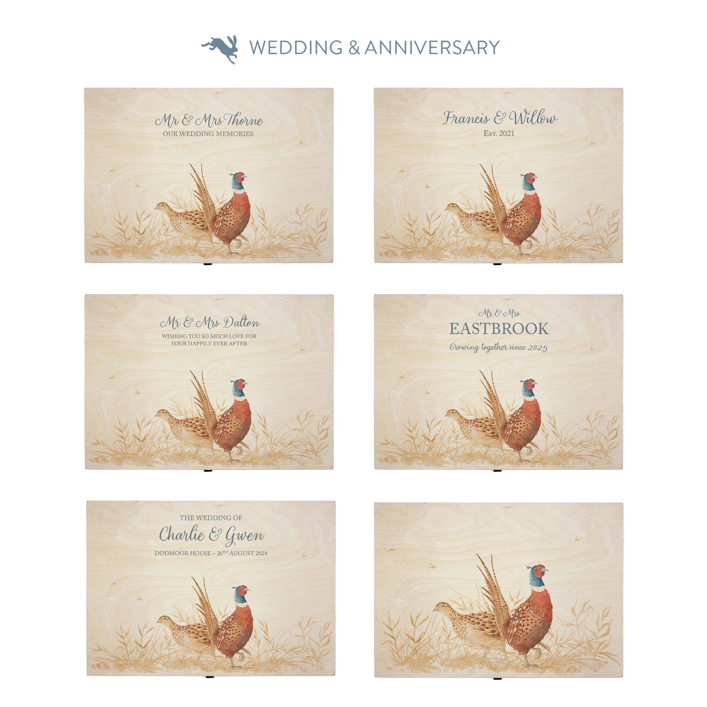 This shows our beautiful Large wooden & anniversary gift box with the various personalisation options you can choose to offer a truly customised present for a loved one. Couples names, Mr & Mrs, dates the options are endless.