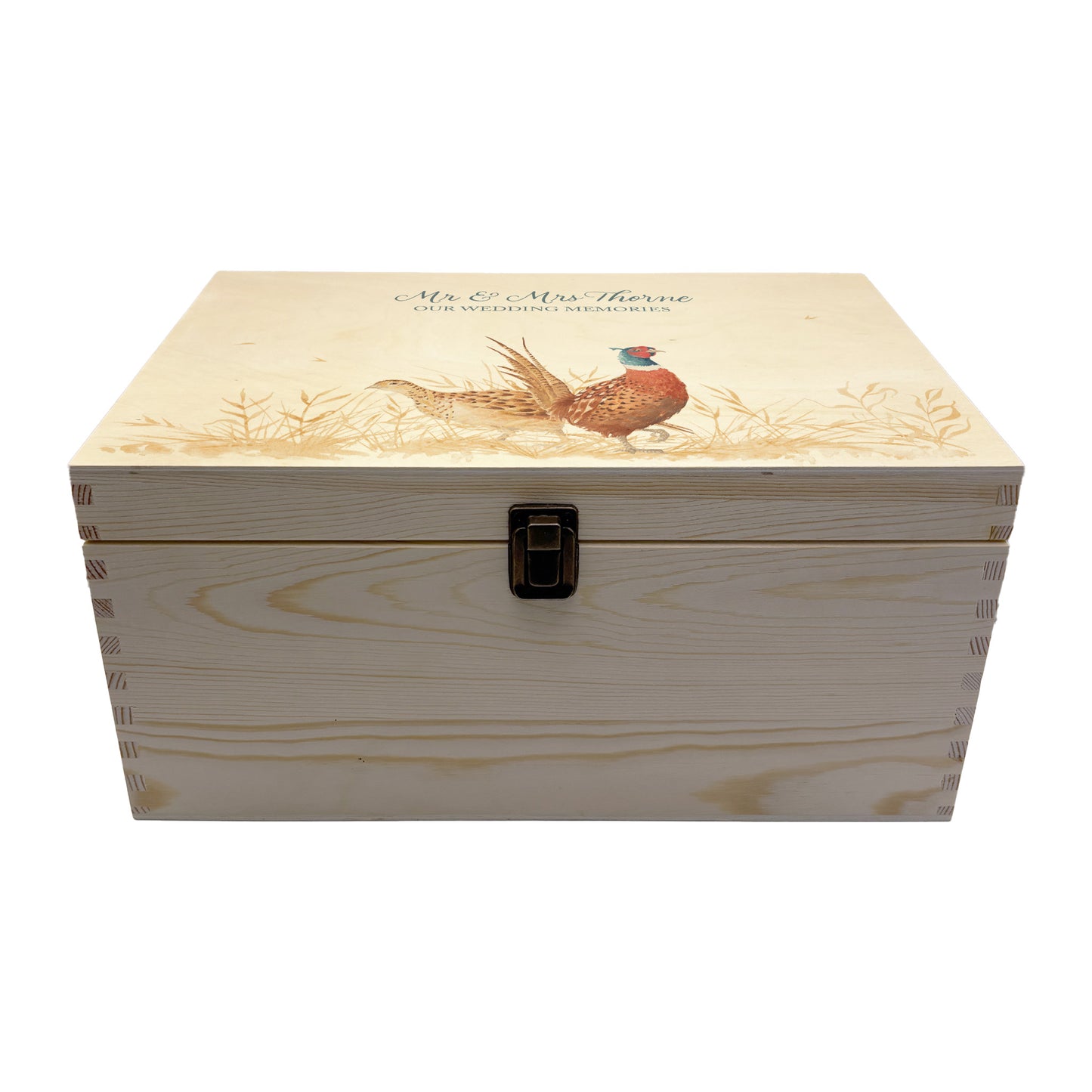 Large wooden pine memory/wedding/anniversary gift box featuring a dreamy watercolour illustration of two Pheasants side-by-side, perfect for celebrating a lasting bond.