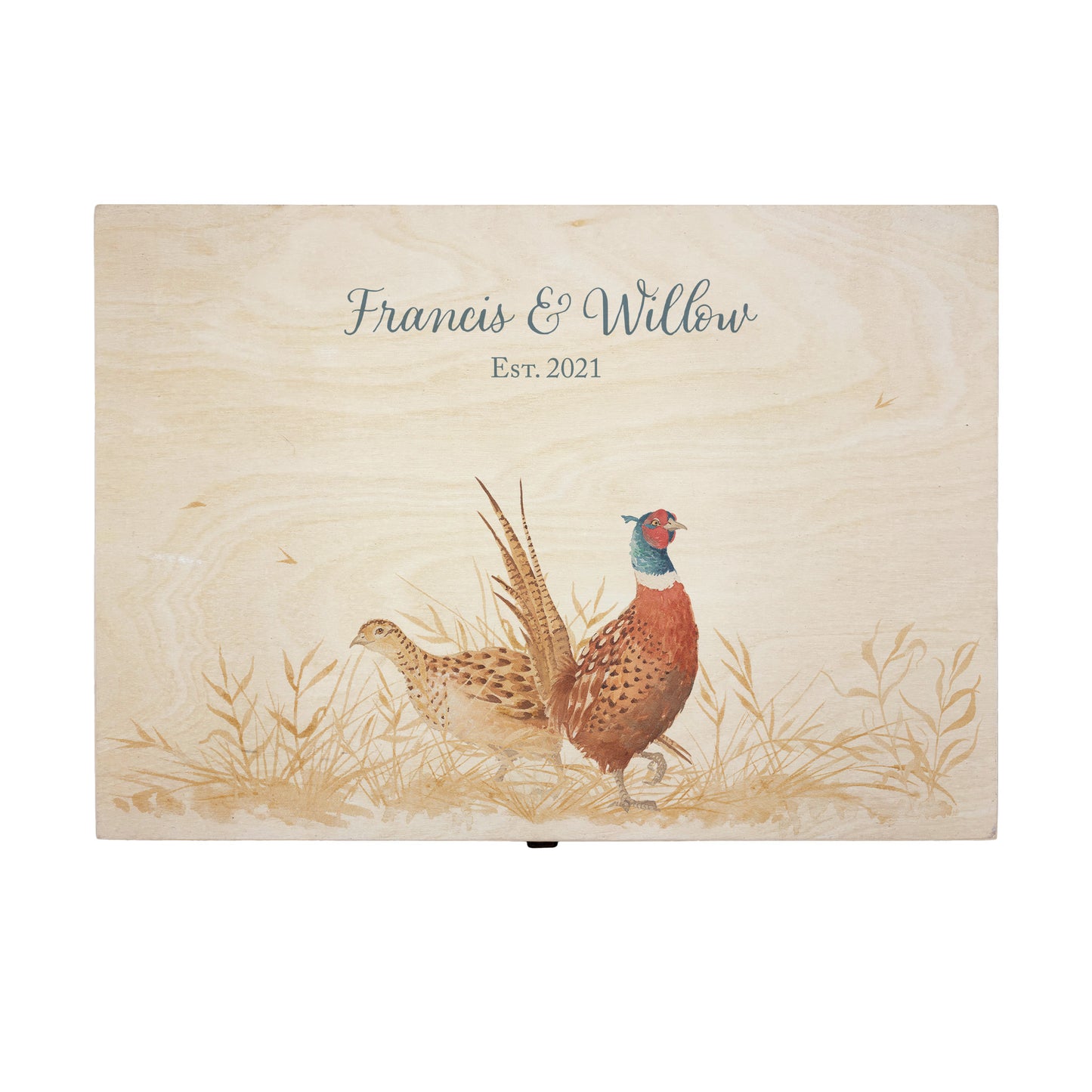 Large wooden pine memory/wedding/anniversary gift box featuring a dreamy watercolour illustration of two Pheasants side-by-side, perfect for celebrating a lasting bond.
