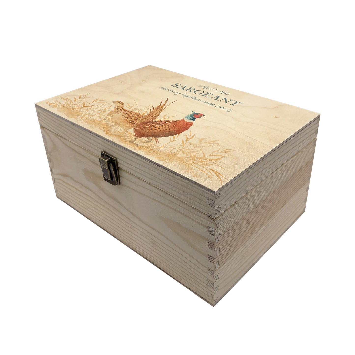 Medium wooden pine memory/wedding/anniversary gift box featuring a dreamy watercolour illustration of two Pheasants side-by-side, perfect for celebrating a lasting bond.