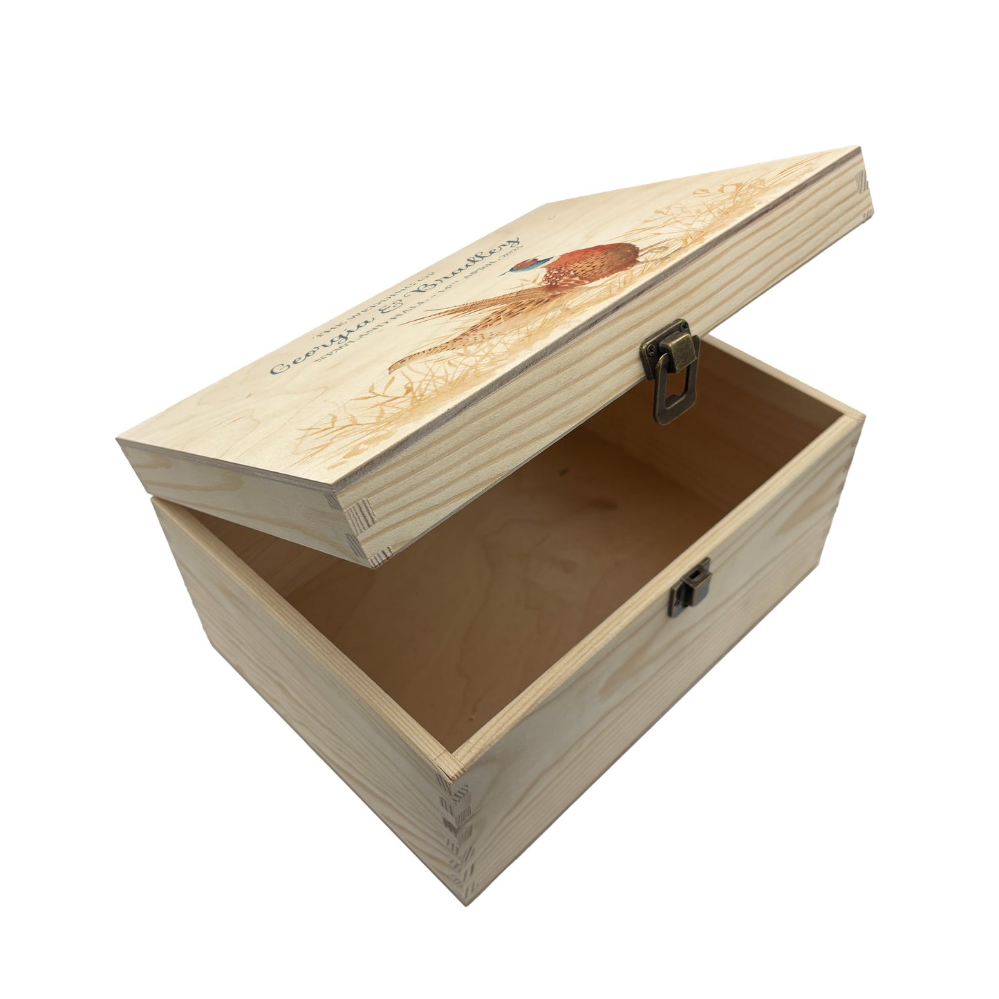 Medium wooden pine memory/wedding/anniversary gift box featuring a dreamy watercolour illustration of two Pheasants side-by-side, perfect for celebrating a lasting bond.