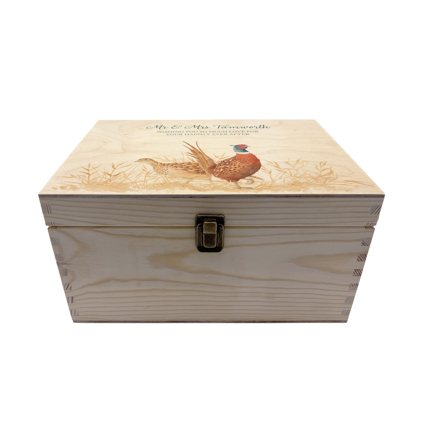 Medium wooden pine memory/wedding/anniversary gift box featuring a dreamy watercolour illustration of two Pheasants side-by-side, perfect for celebrating a lasting bond.