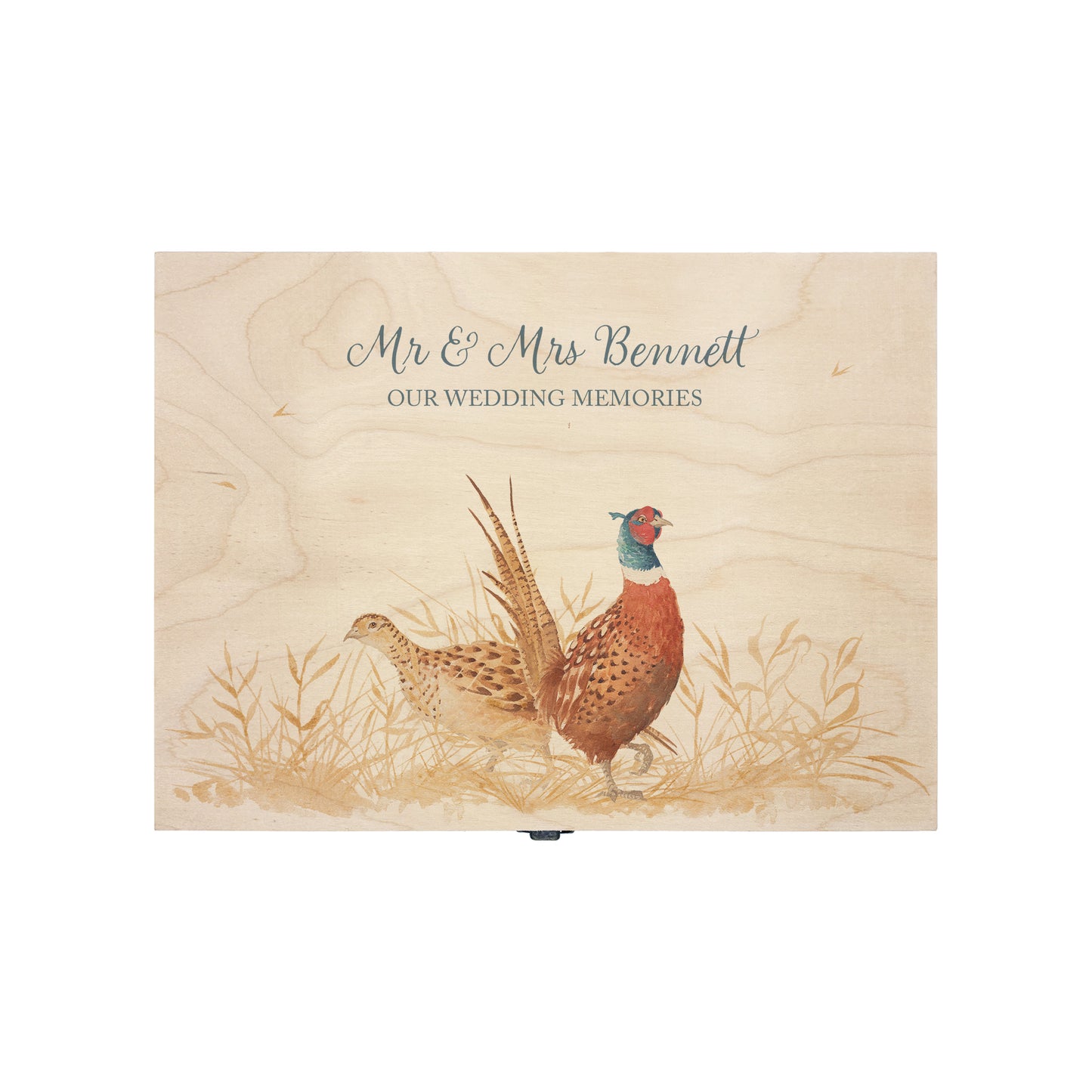 Medium wooden pine memory/wedding/anniversary gift box featuring a dreamy watercolour illustration of two Pheasants side-by-side, perfect for celebrating a lasting bond.
