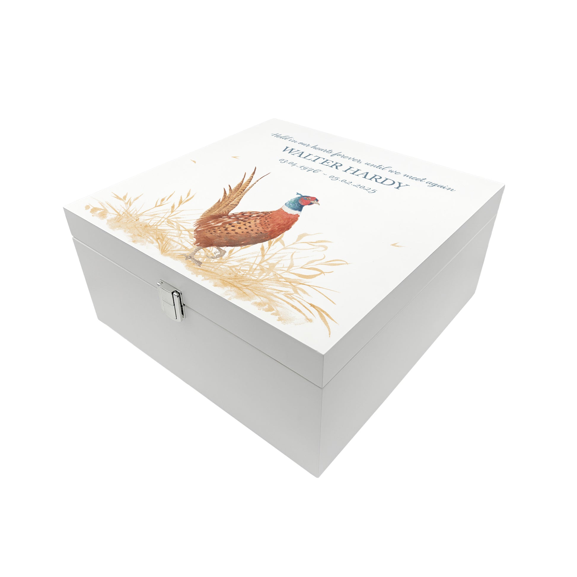 White Square personalised Wooden box with a decorative lid featuring illustrations of a Pheasant in a field Perfect funeral memory keepsake box, for storing ashes, order of service, flowers and capturing your loved ones things in one place.