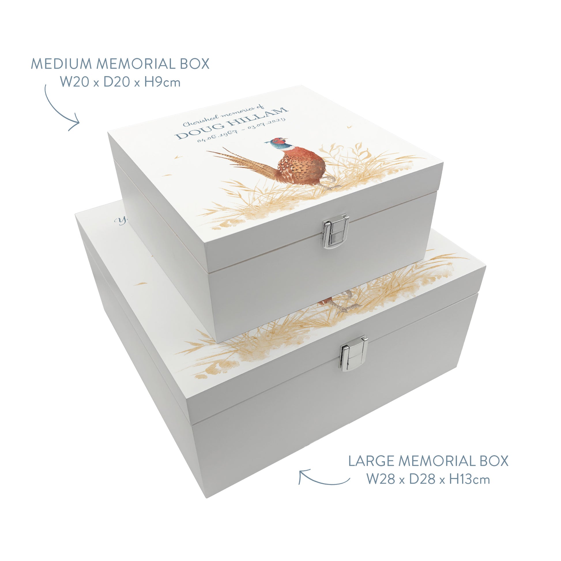 White Square personalised Wooden box with a decorative lid featuring illustrations of a Pheasant in a field Perfect funeral memory keepsake box, for storing ashes, order of service, flowers and capturing your loved ones things in one place.
