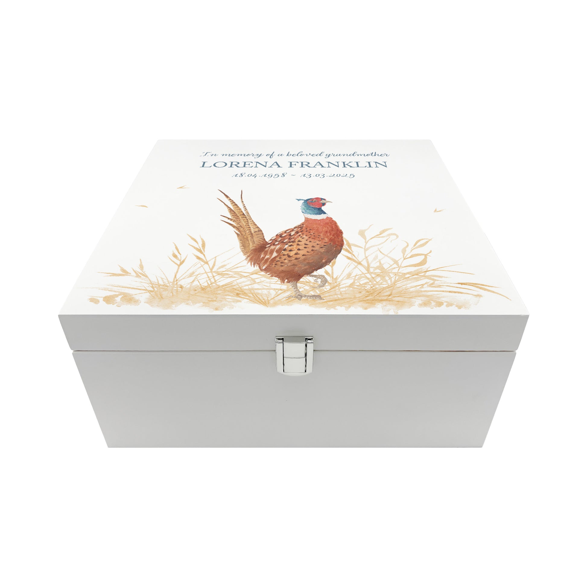 White Square personalised Wooden box with a decorative lid featuring illustrations of a Pheasant in a field Perfect funeral memory keepsake box, for storing ashes, order of service, flowers and capturing your loved ones things in one place.
