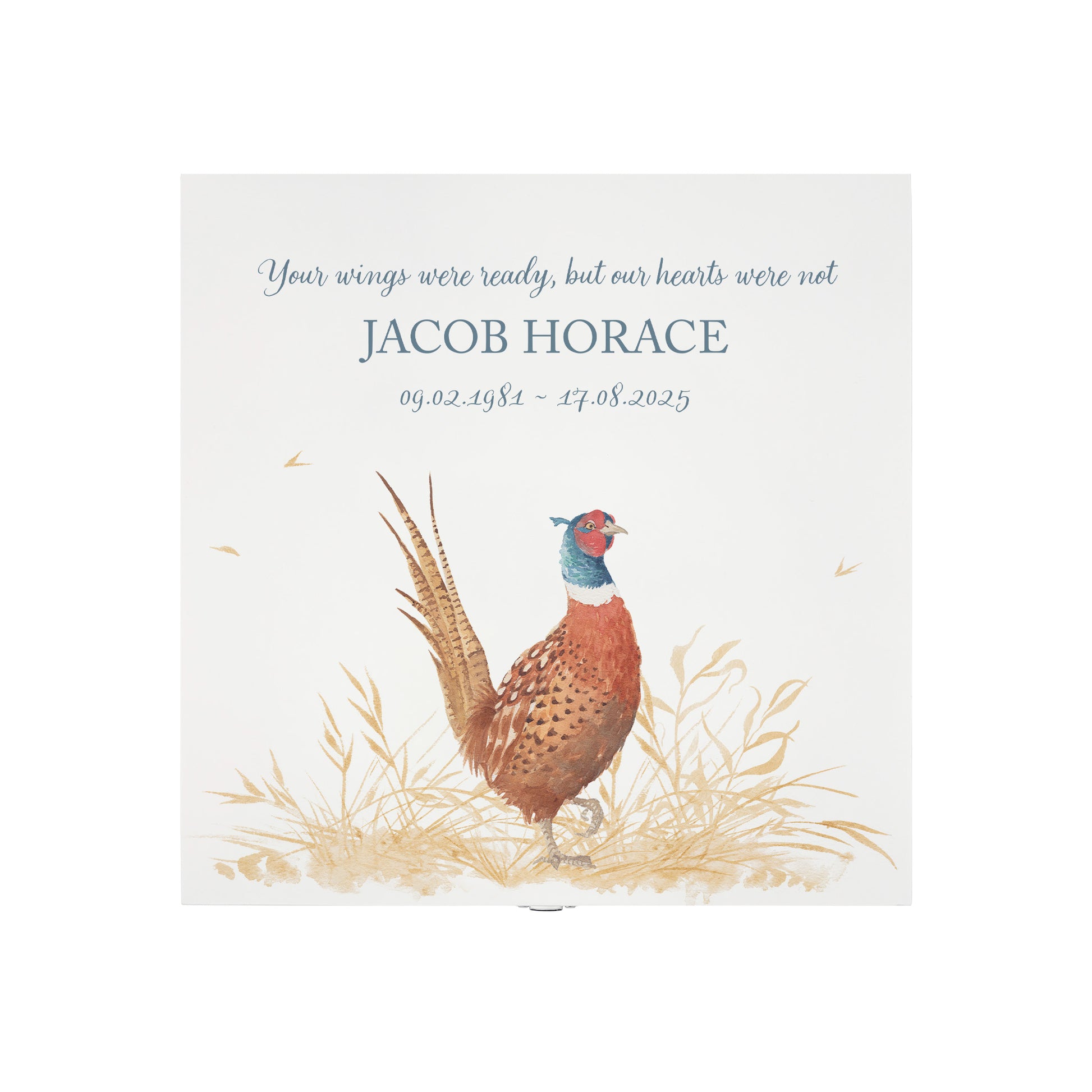 White Square personalised Wooden box with a decorative lid featuring illustrations of a Pheasant in a field Perfect funeral memory keepsake box, for storing ashes, order of service, flowers and capturing your loved ones things in one place.