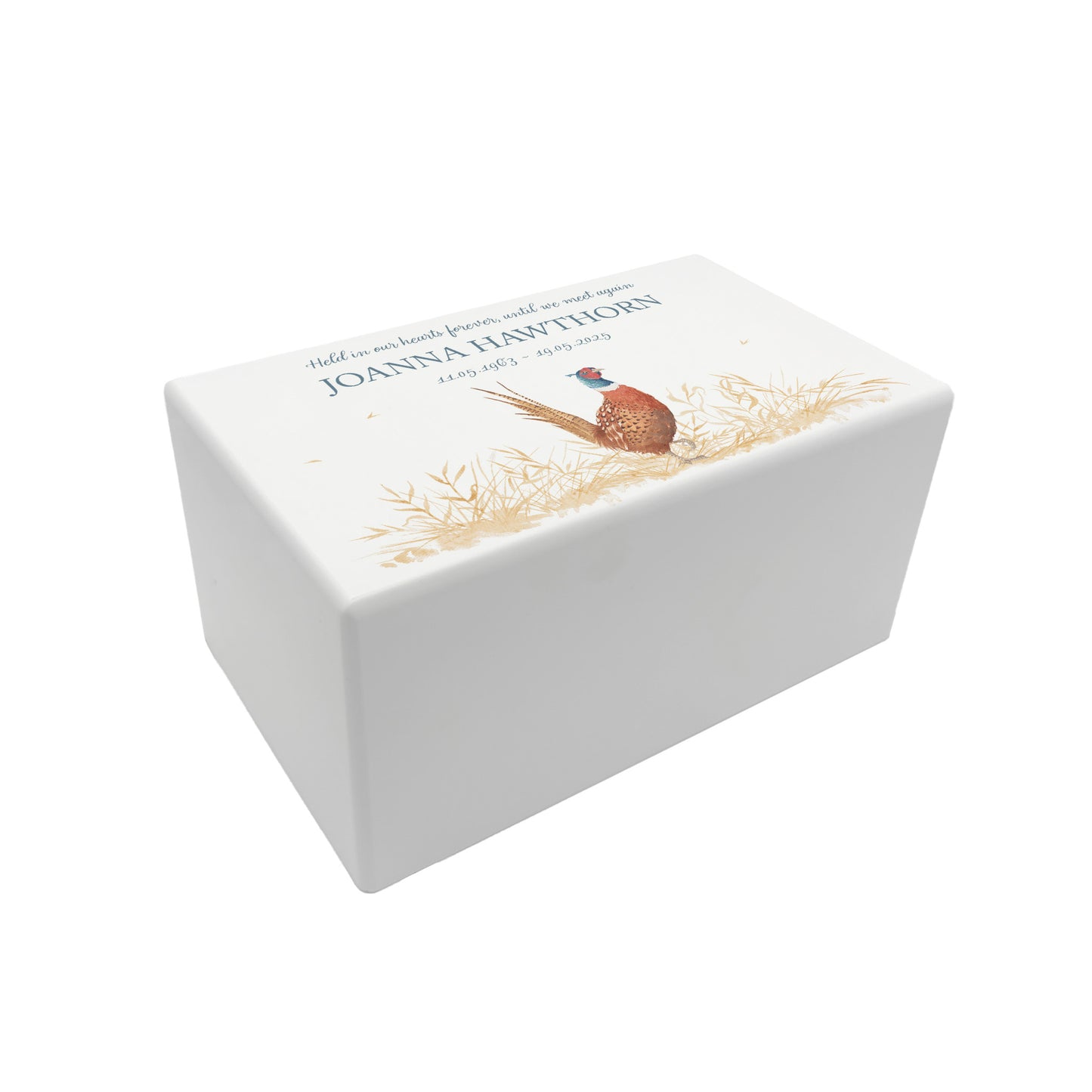 Luxury solid wooden white painted Urn with a solo Pheasant in a field , a watercolour illustration, our urns and Caskets for displaying or burying ashes. Customisable and can be personalised. Perfect funeral memory keepsake urn, for storing ashes for humans and pets.