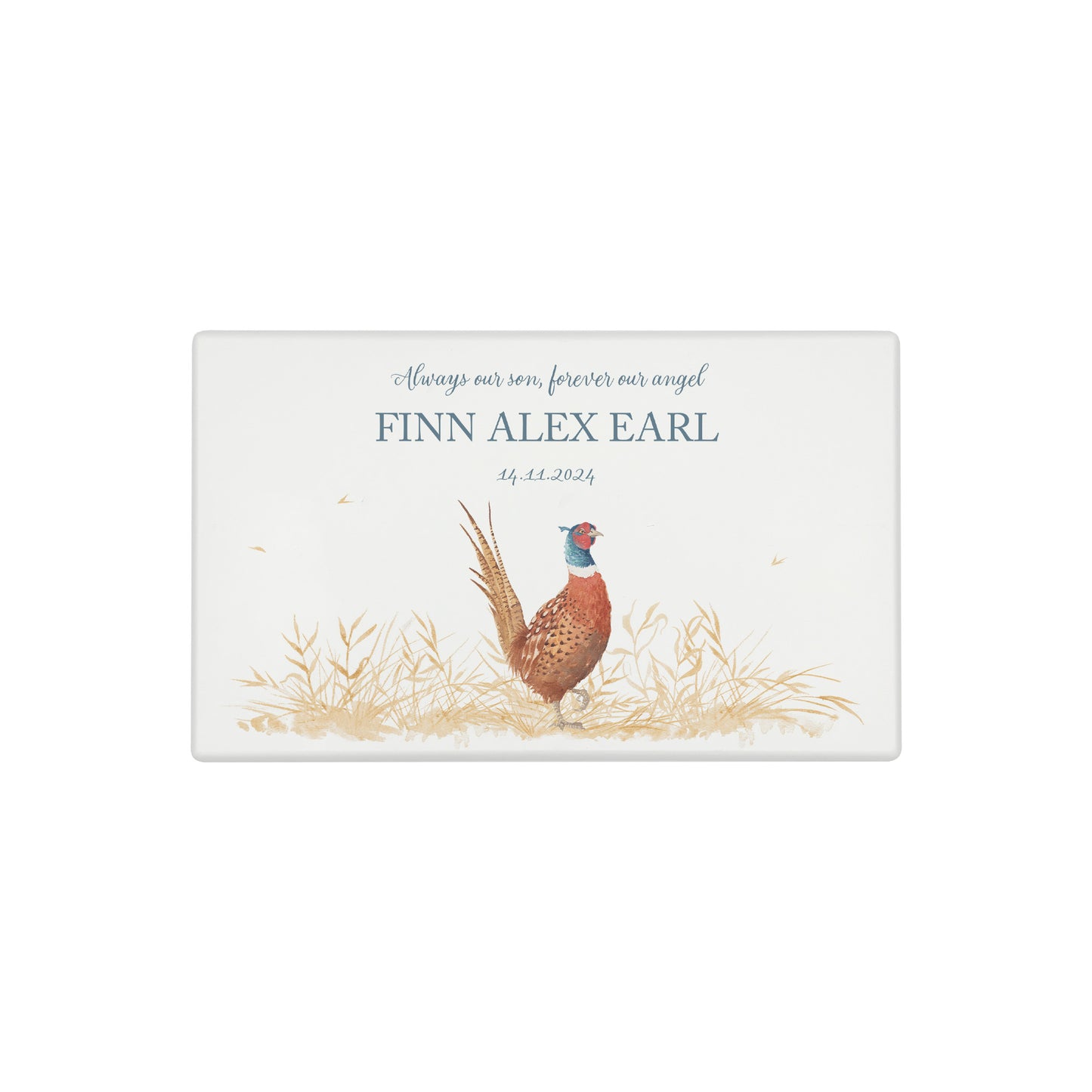 Luxury solid wooden white painted Urn with a solo Pheasant in a field , a watercolour illustration, our urns and Caskets for displaying or burying ashes. Customisable and can be personalised. Perfect funeral memory keepsake urn, for storing ashes for humans and pets.