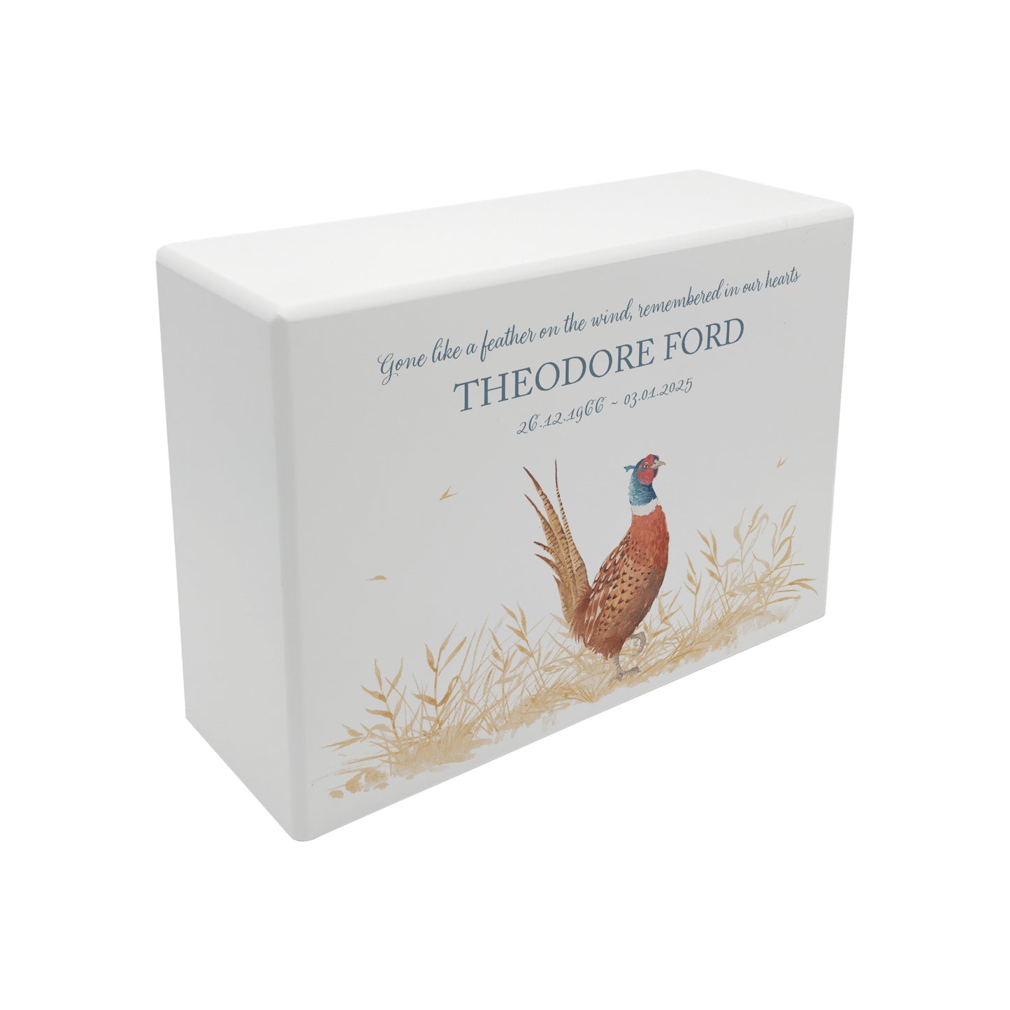 Luxury solid wooden white painted Pheasant watercolour illustration our urns and Caskets for displaying or burying ashes. Customisable and can be personalised. Perfect funeral memory keepsake urn, for storing ashes for humans and pets.