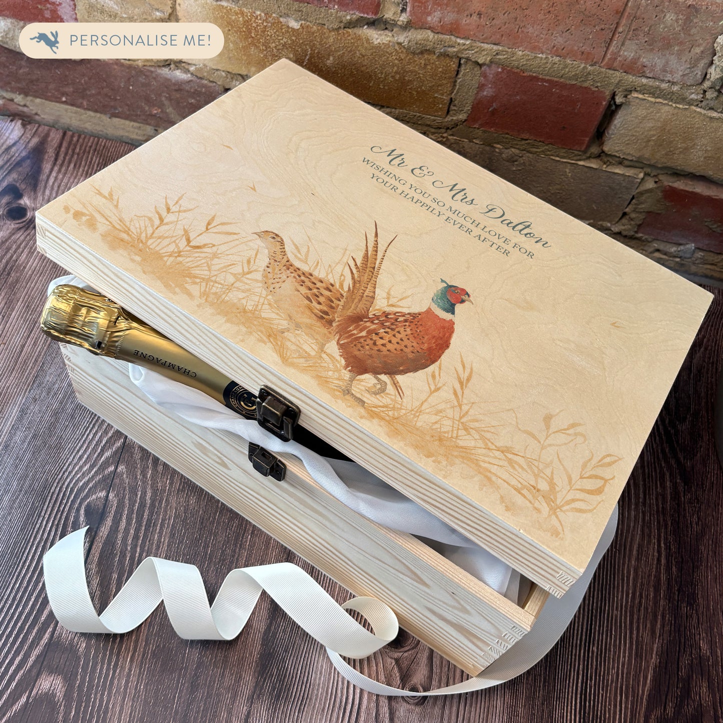 Large wooden pine memory/wedding/anniversary gift box featuring a dreamy watercolour illustration of two Pheasants side-by-side, perfect for celebrating a lasting bond.