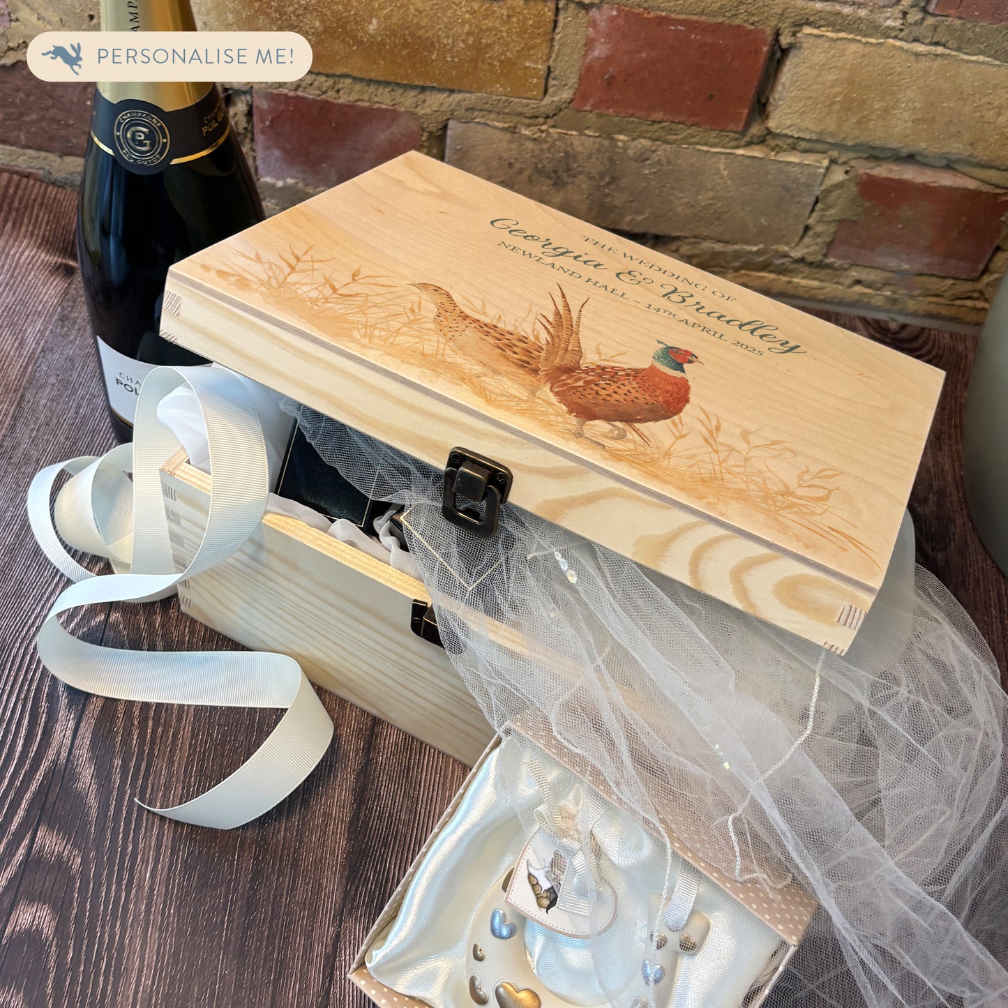 Medium wooden pine memory/wedding/anniversary gift box featuring a dreamy watercolour illustration of two Pheasants side-by-side, perfect for celebrating a lasting bond.
