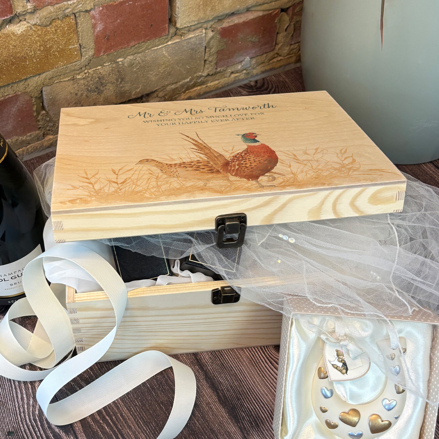 Medium wooden pine memory/wedding/anniversary gift box featuring a dreamy watercolour illustration of two Pheasants side-by-side, perfect for celebrating a lasting bond.