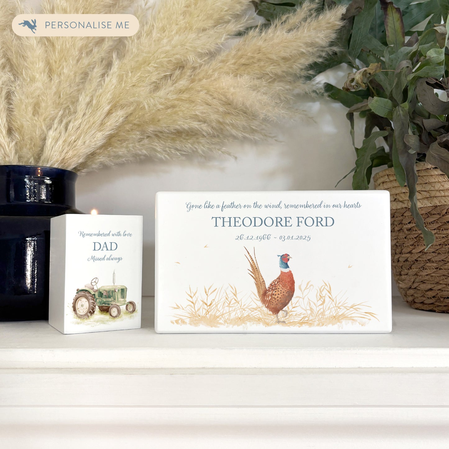 Luxury solid wooden white painted Urn with a solo Pheasant in a field , a watercolour illustration, our urns and Caskets for displaying or burying ashes. Customisable and can be personalised. Perfect funeral memory keepsake urn, for storing ashes for humans and pets.