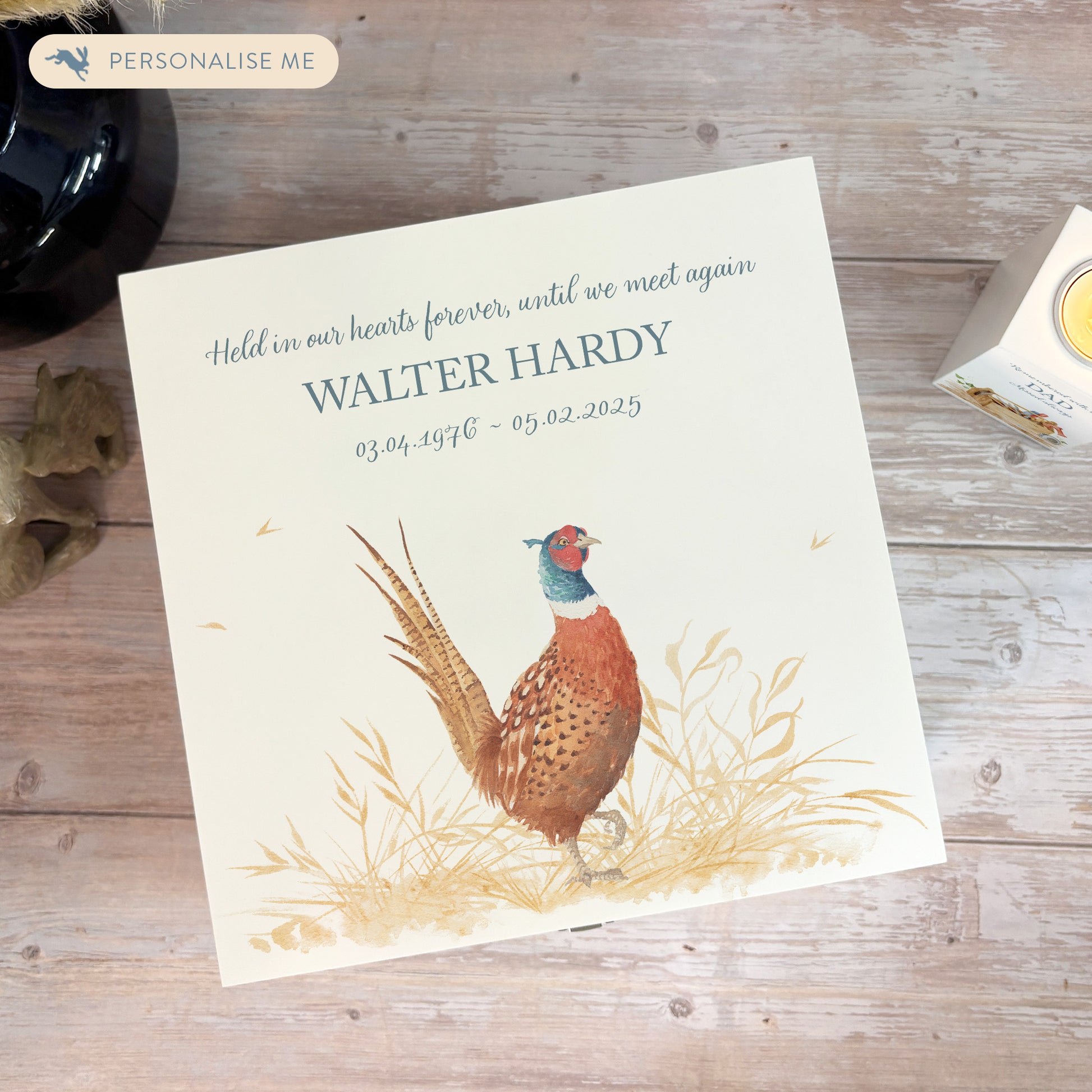 White Square personalised Wooden box with a decorative lid featuring illustrations of a Pheasant in a field Perfect funeral memory keepsake box, for storing ashes, order of service, flowers and capturing your loved ones things in one place.