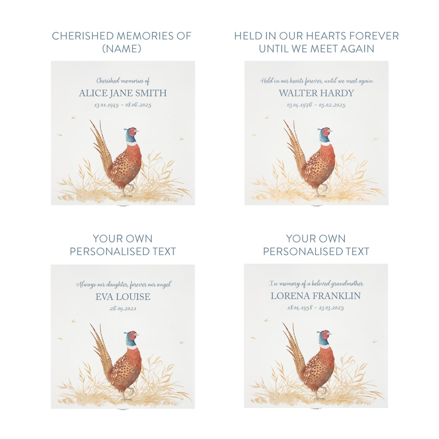 White Square personalised Wooden box with a decorative lid featuring illustrations of a Pheasant in a field Perfect funeral memory keepsake box, for storing ashes, order of service, flowers and capturing your loved ones things in one place.