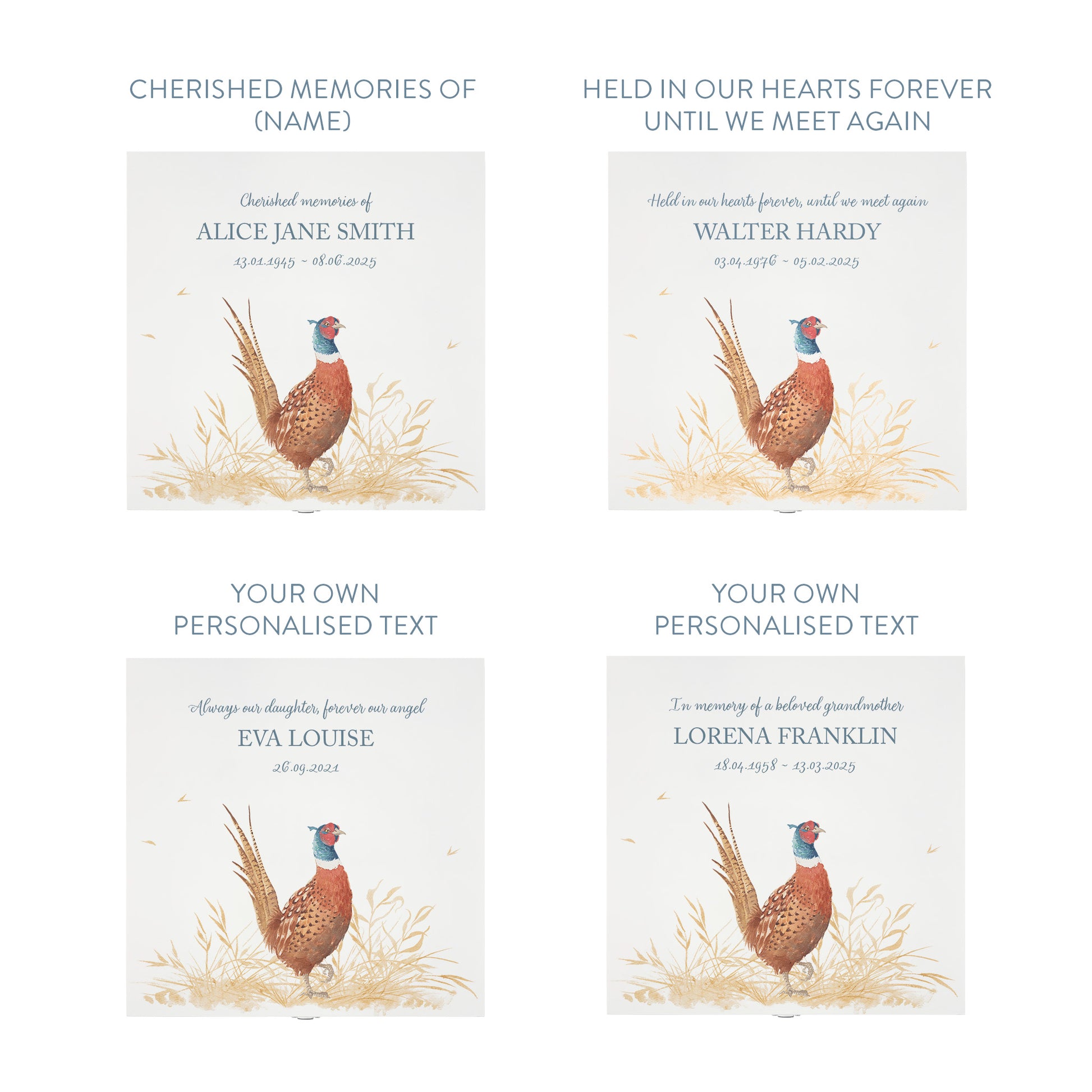 White Square personalised Wooden box with a decorative lid featuring illustrations of a Pheasant in a field Perfect funeral memory keepsake box, for storing ashes, order of service, flowers and capturing your loved ones things in one place.