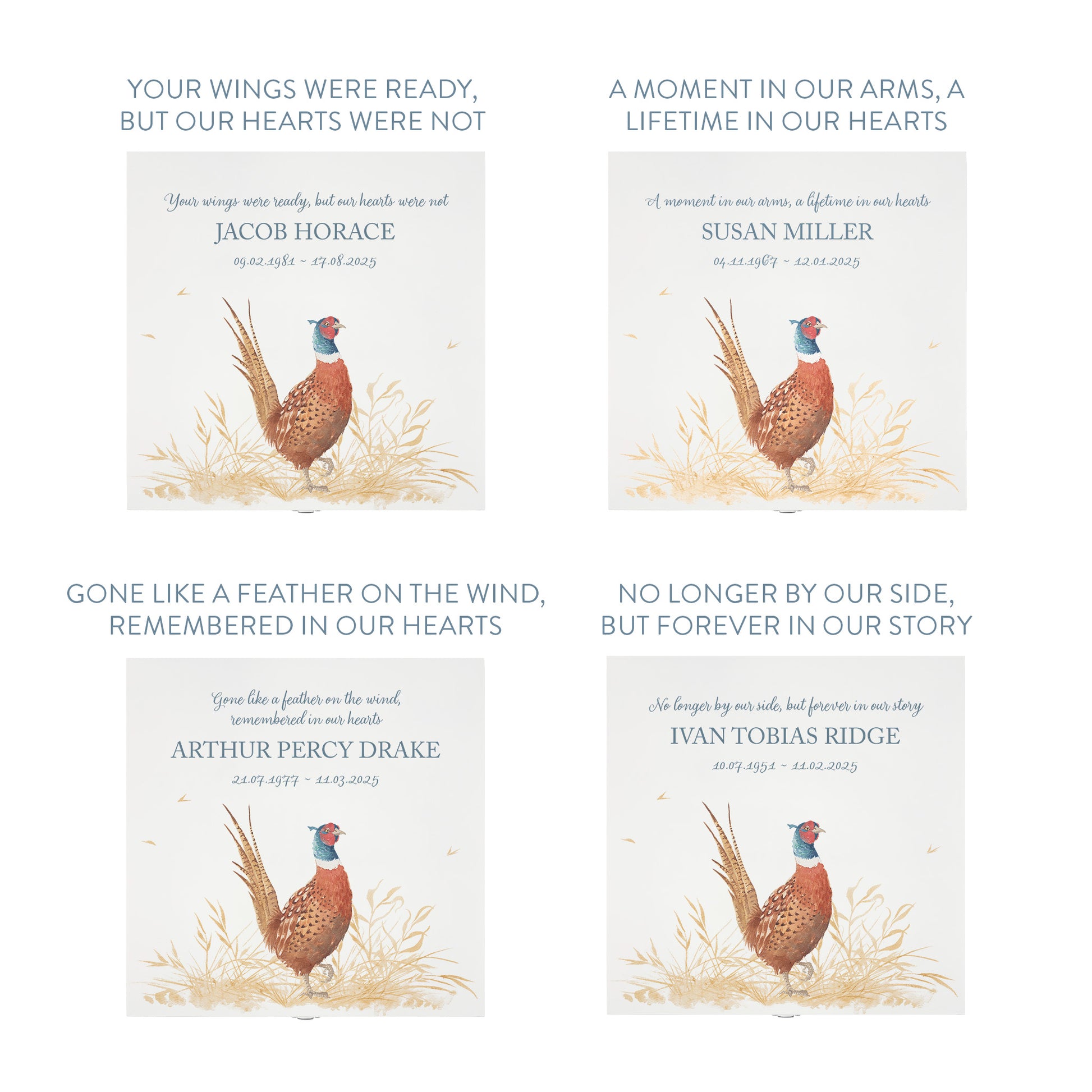 White Square personalised Wooden box with a decorative lid featuring illustrations of a Pheasant in a field Perfect funeral memory keepsake box, for storing ashes, order of service, flowers and capturing your loved ones things in one place.