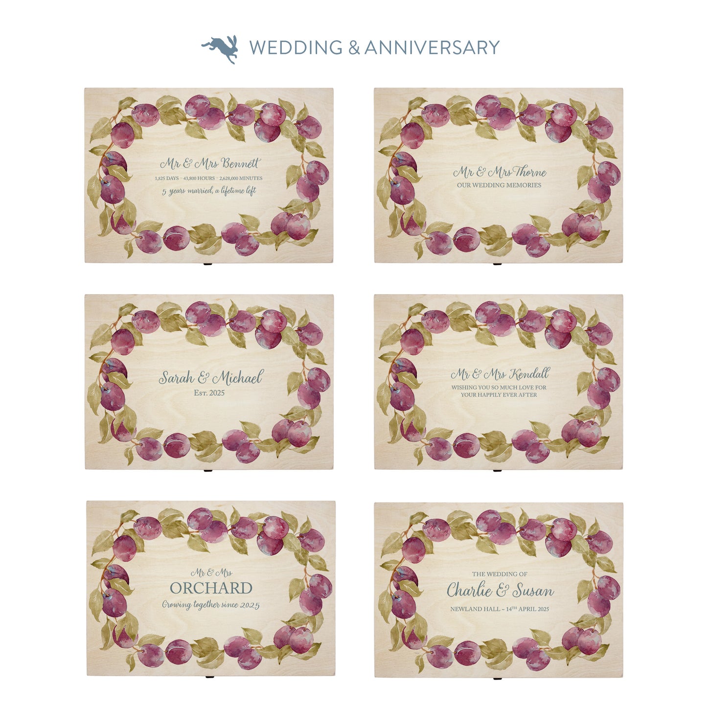 This shows our beautiful medium wooden & anniversary gift box with the various personalisation options you can choose to offer a truly customised present for a loved one. Couples names, Mr & Mrs, dates the options are endless.
