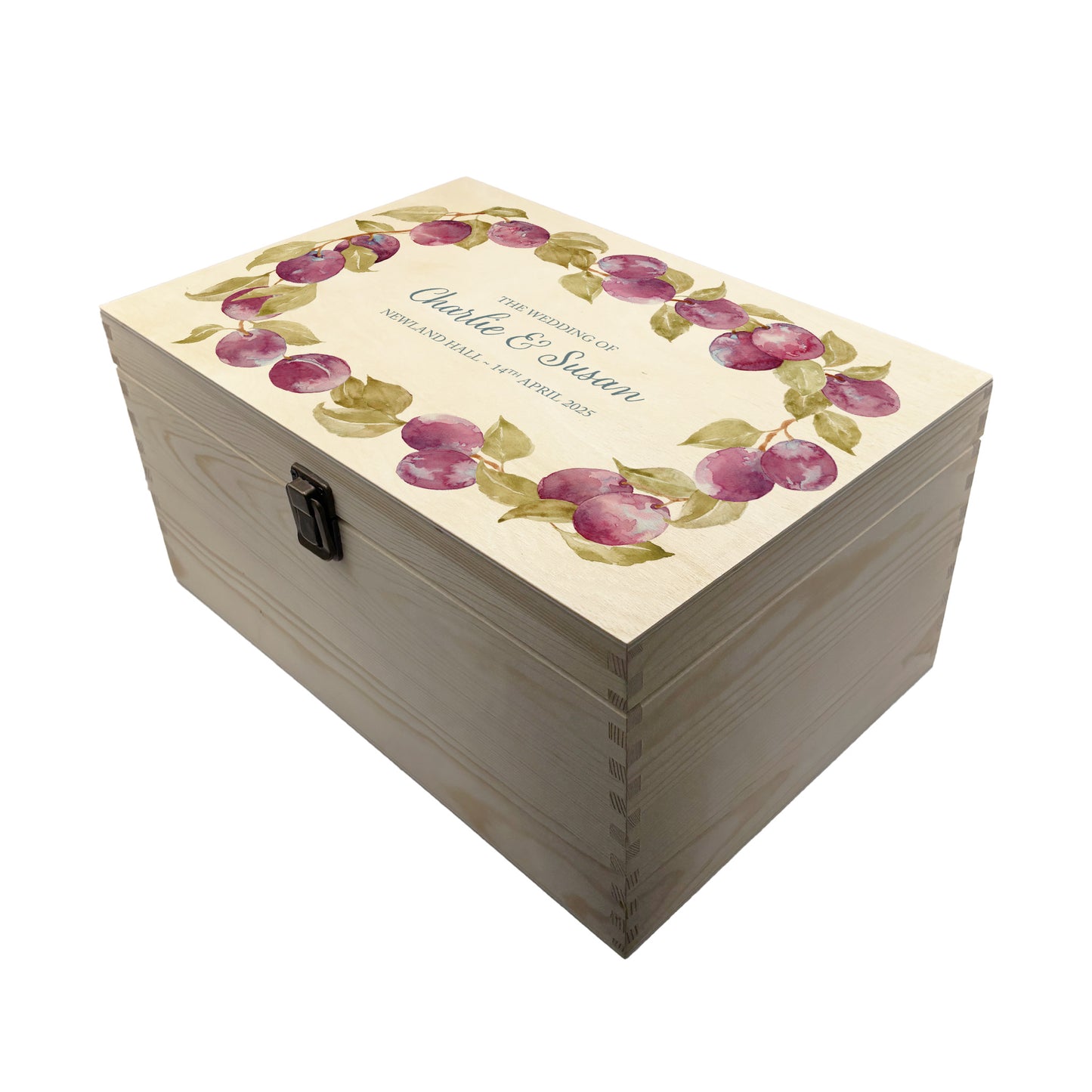 Large plum wreath Personalised wedding keepsake box with vibrant watercolour fruit design, featuring the couple’s names and wedding date on natural pine wood.