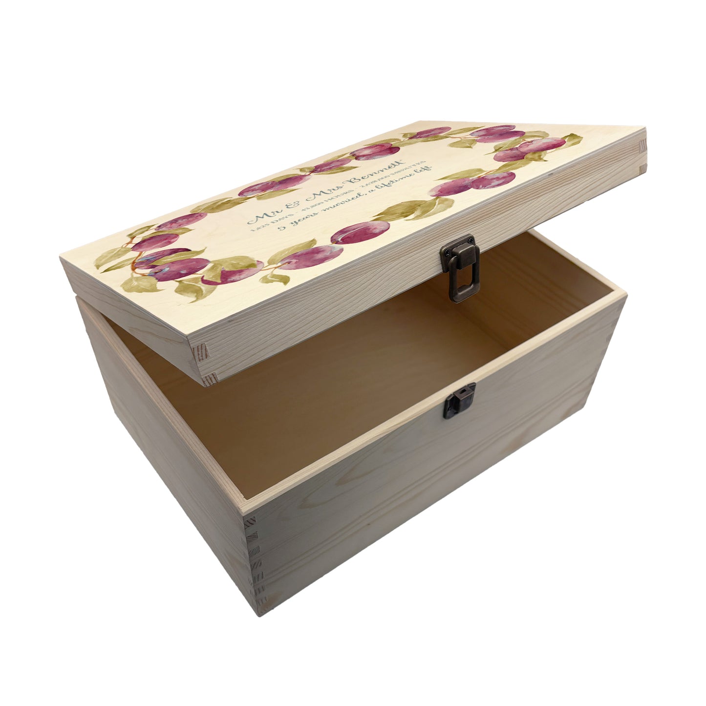 Large plum wreath Personalised wedding keepsake box with vibrant watercolour fruit design, featuring the couple’s names and wedding date on natural pine wood.