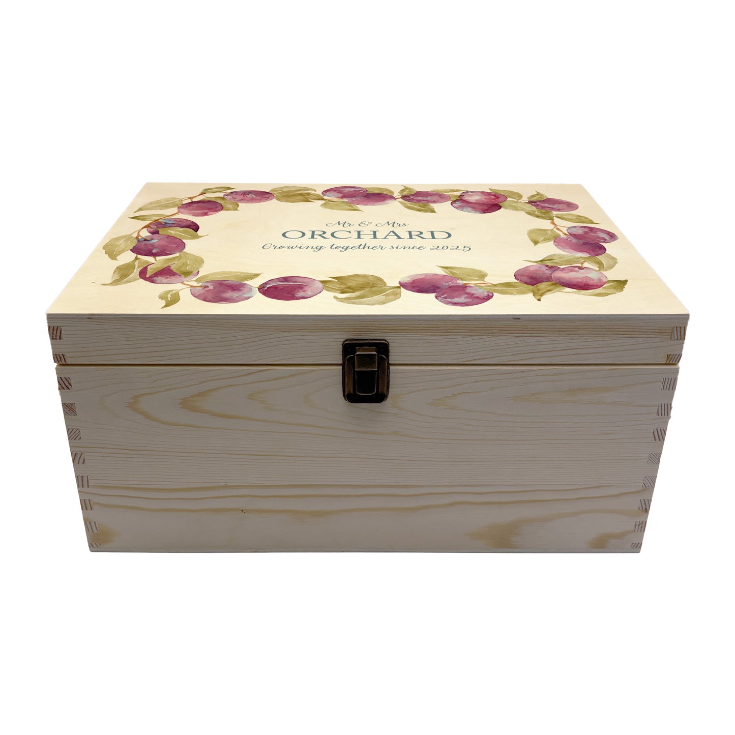 Large plum wreath Personalised wedding keepsake box with vibrant watercolour fruit design, featuring the couple’s names and wedding date on natural pine wood.