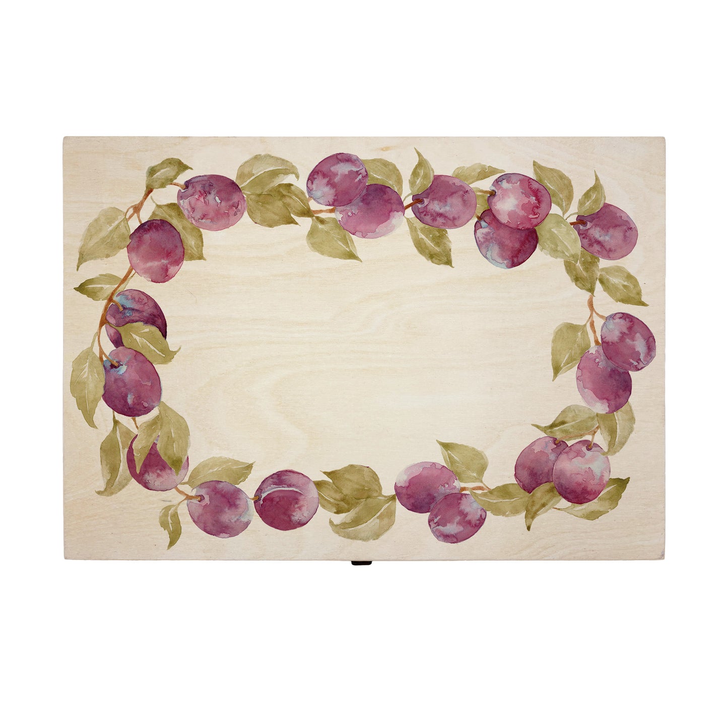 Large plum wreath Personalised wedding keepsake box with vibrant watercolour fruit design, featuring the couple’s names and wedding date on natural pine wood.