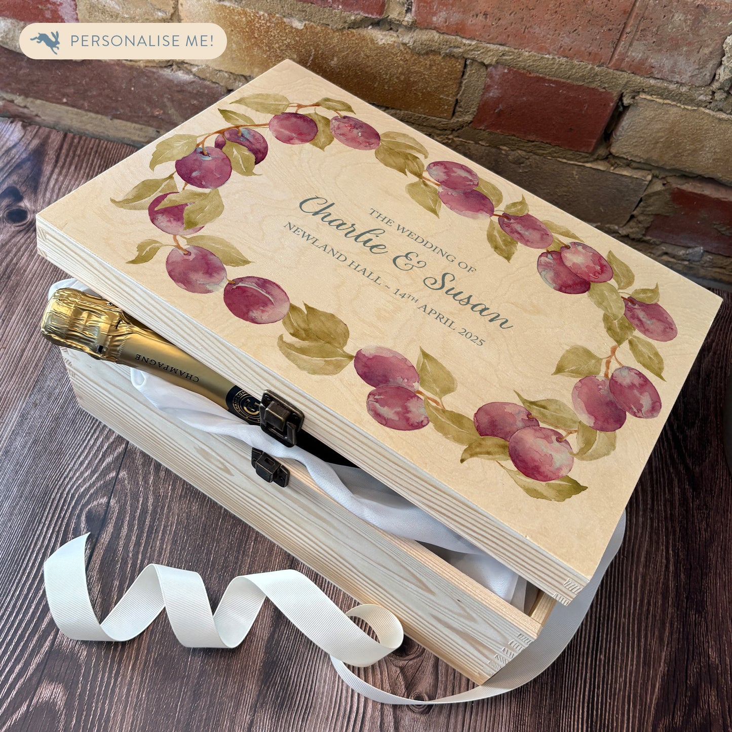 Large plum wreath Personalised wedding keepsake box with vibrant watercolour fruit design, featuring the couple’s names and wedding date on natural pine wood.