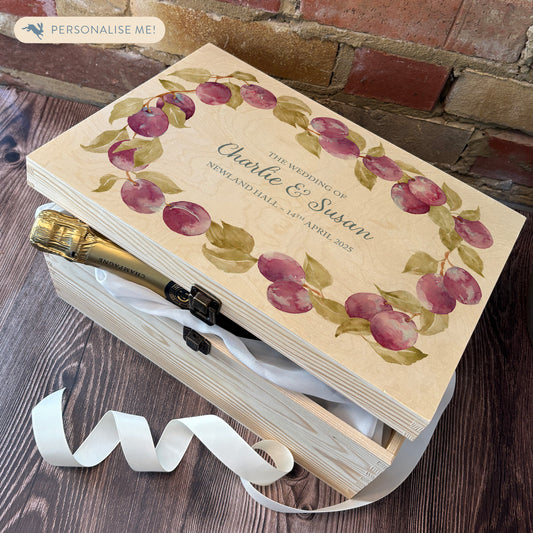 Large plum wreath Personalised wedding keepsake box with vibrant watercolour fruit design, featuring the couple’s names and wedding date on natural pine wood.