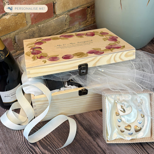 Medium plum wreath Personalised wedding keepsake box with vibrant watercolour fruit design, featuring the couple’s names and wedding date on natural pine wood.