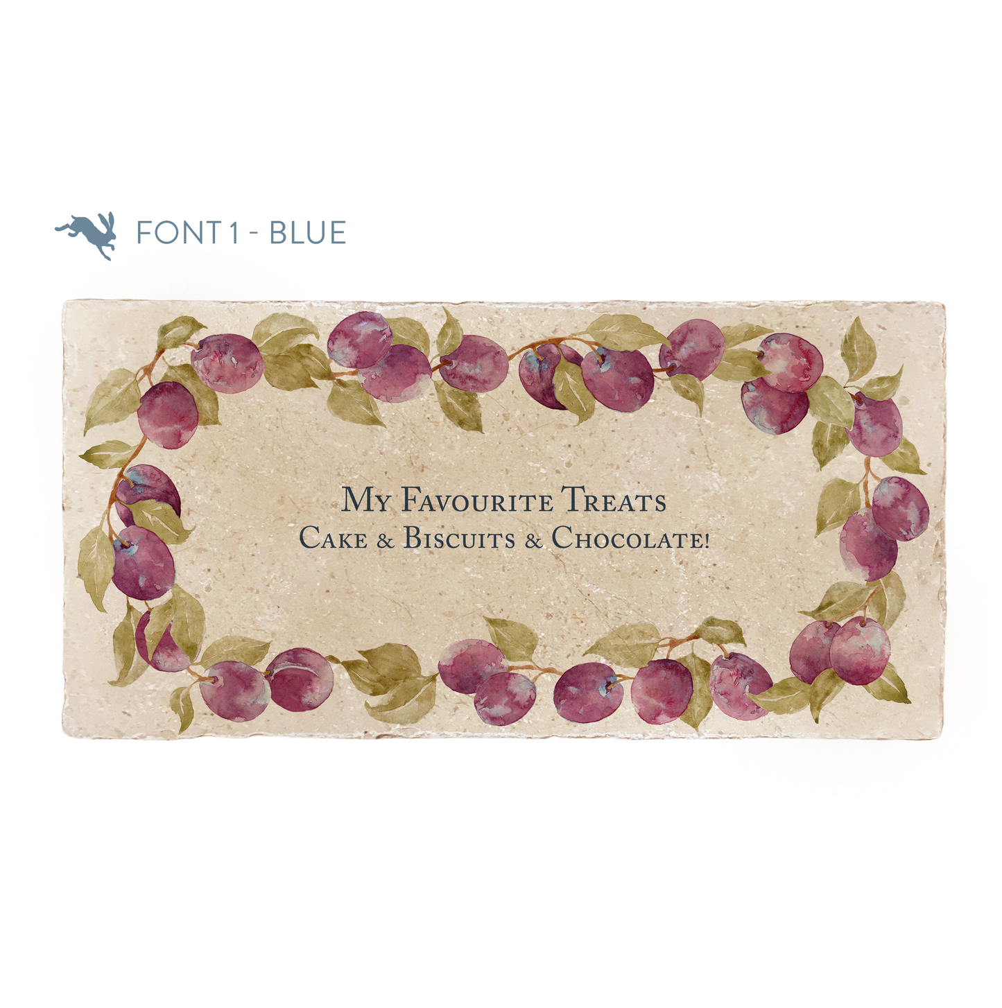 A marble sharing platter featuring a wreath of plums and leaves, personalised with a custom text and ‘My Favourite Treats’ in the centre of the platter in a blue font.