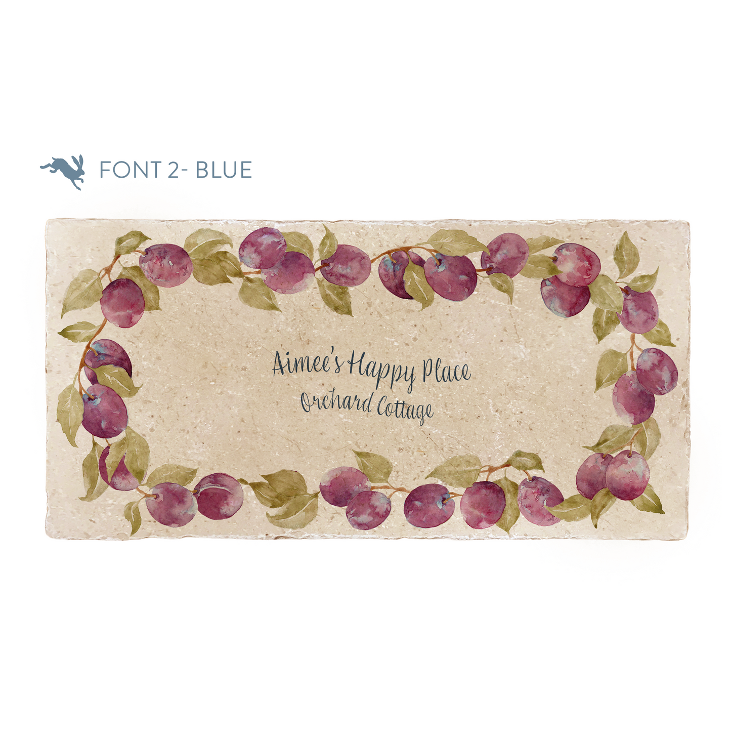 A personalised marble sharing platter featuring a wreath of plums and leaves, with a bespoke name and house name in the centre of the design. The platter is packaged with a luxurious blue gift bow and tag.