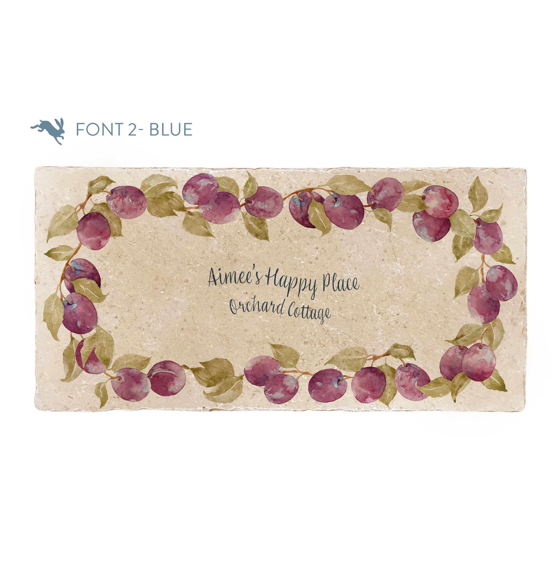A personalised marble sharing platter featuring a wreath of plums and leaves, with a bespoke name and house name in the centre of the design. The platter is packaged with a luxurious blue gift bow and tag.
