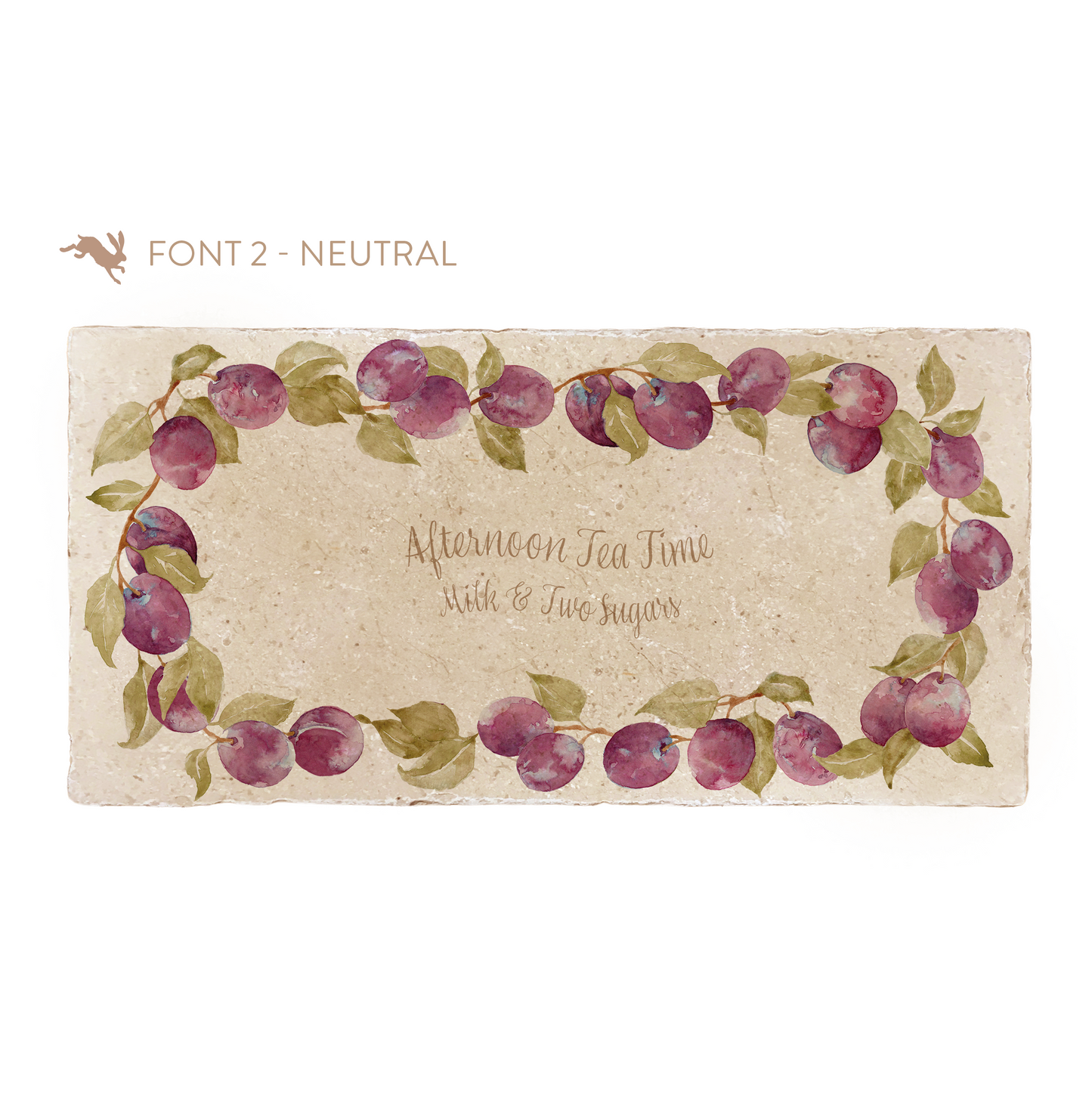 A marble sharing platter featuring a wreath of plums and leaves, personalised with ‘Afternoon Tea Time, Milk & Two Sugars’ in the centre of the platter in a neutral calligraphy font.