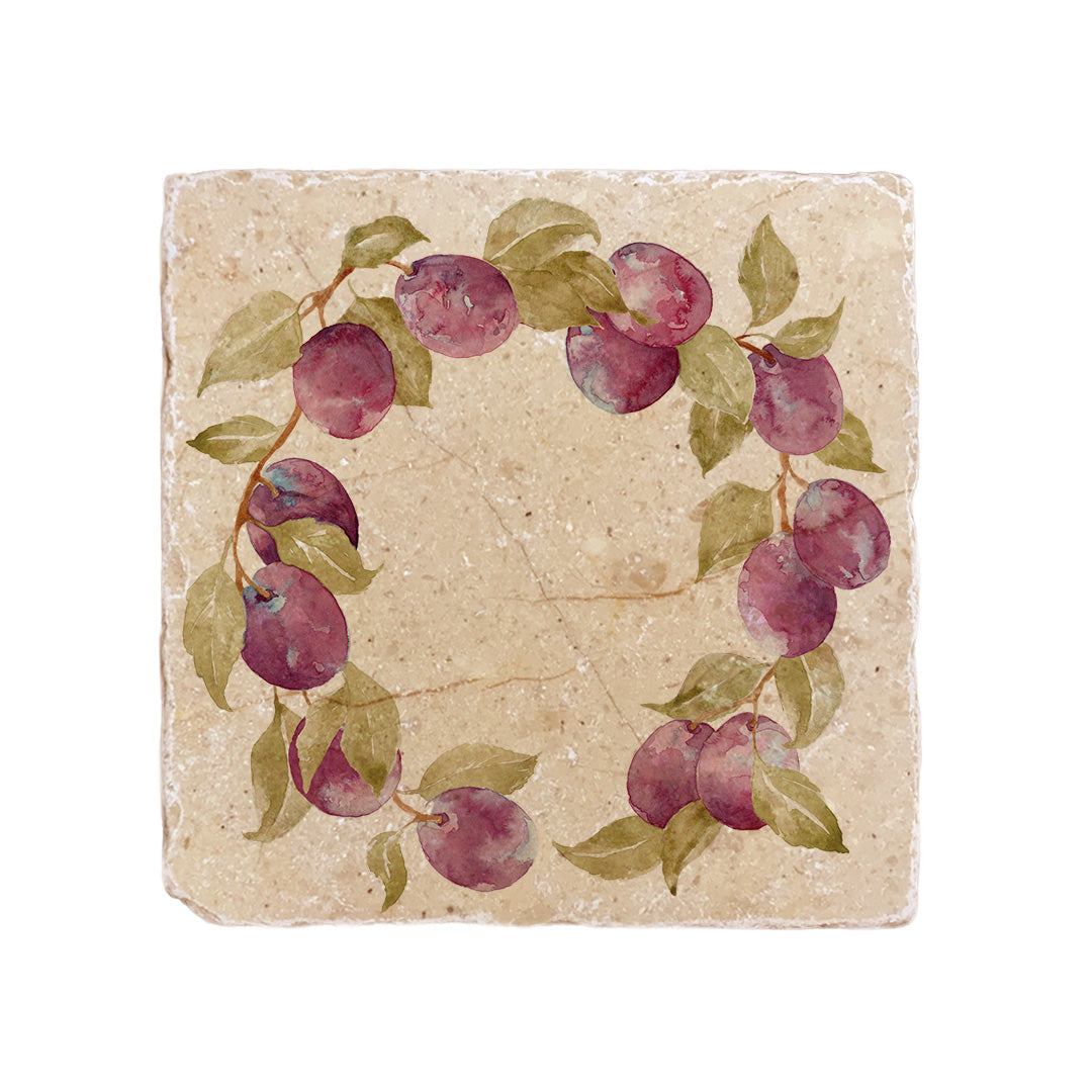 A medium handmade multipurpose marble platter, featuring a watercolour plum wreath design.