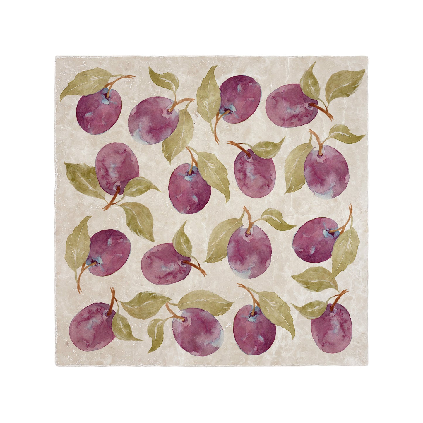 A handmade cream marble 30.5x30.5cm wall tile with a maximalist watercolour plum pattern.