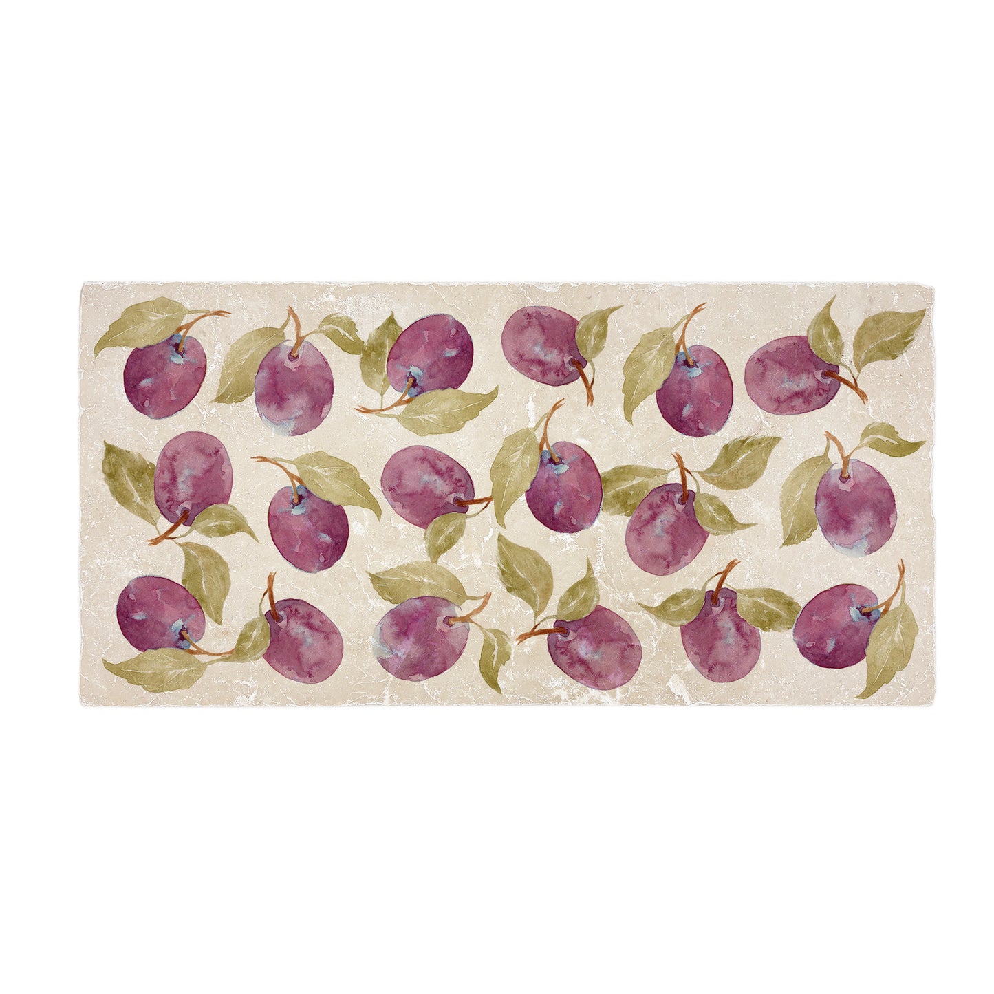 A handmade cream marble 20x40cm wall tile with a maximalist watercolour plum pattern.