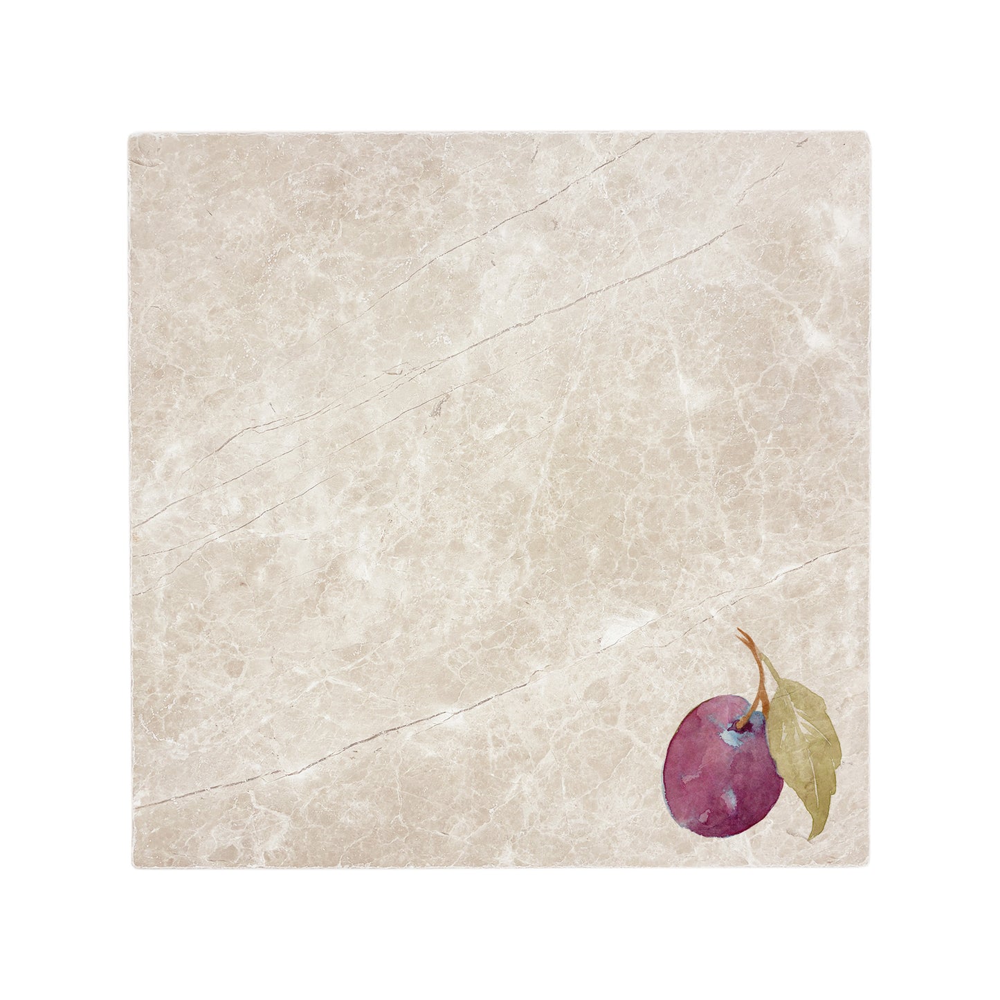 A cream marble 30.5x30.5cm wall tile with a minimalistic watercolour plum design.