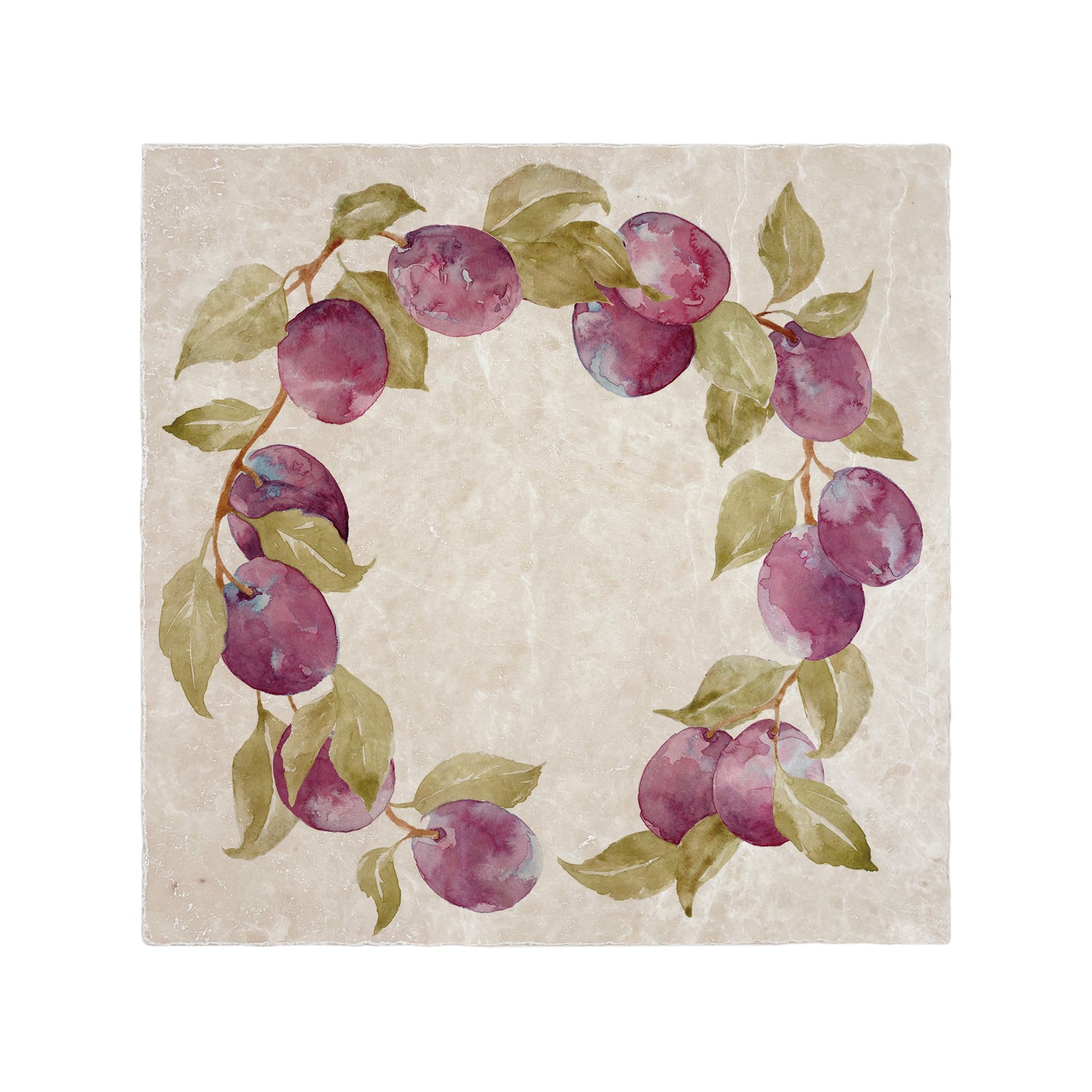 A 30.5x30.5cm cream marble tile with a watercolour design featuring a wreath of plums and leaves.