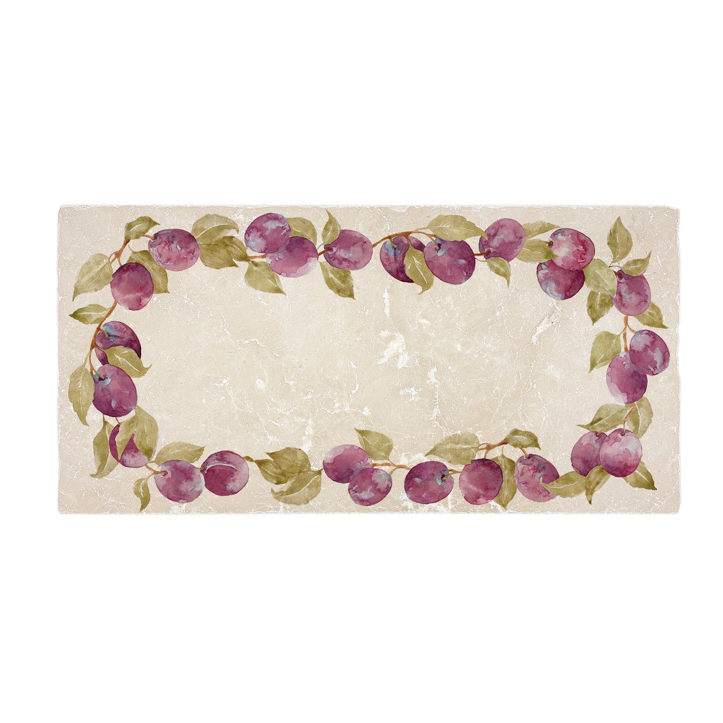 A 20x40cm cream marble tile with a watercolour design featuring a wreath of plums and leaves.