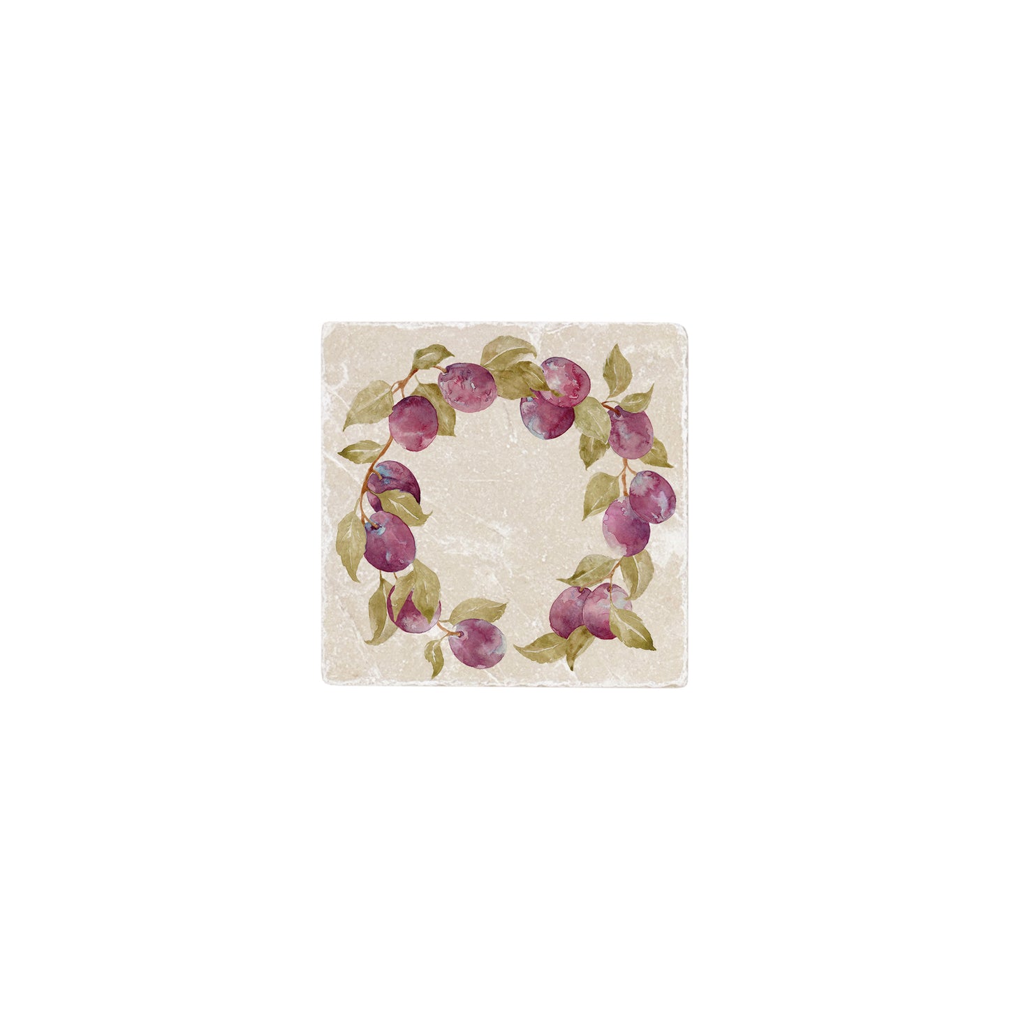 A square marble coaster featuring a watercolour fruit design that can be added to a mix and match set.