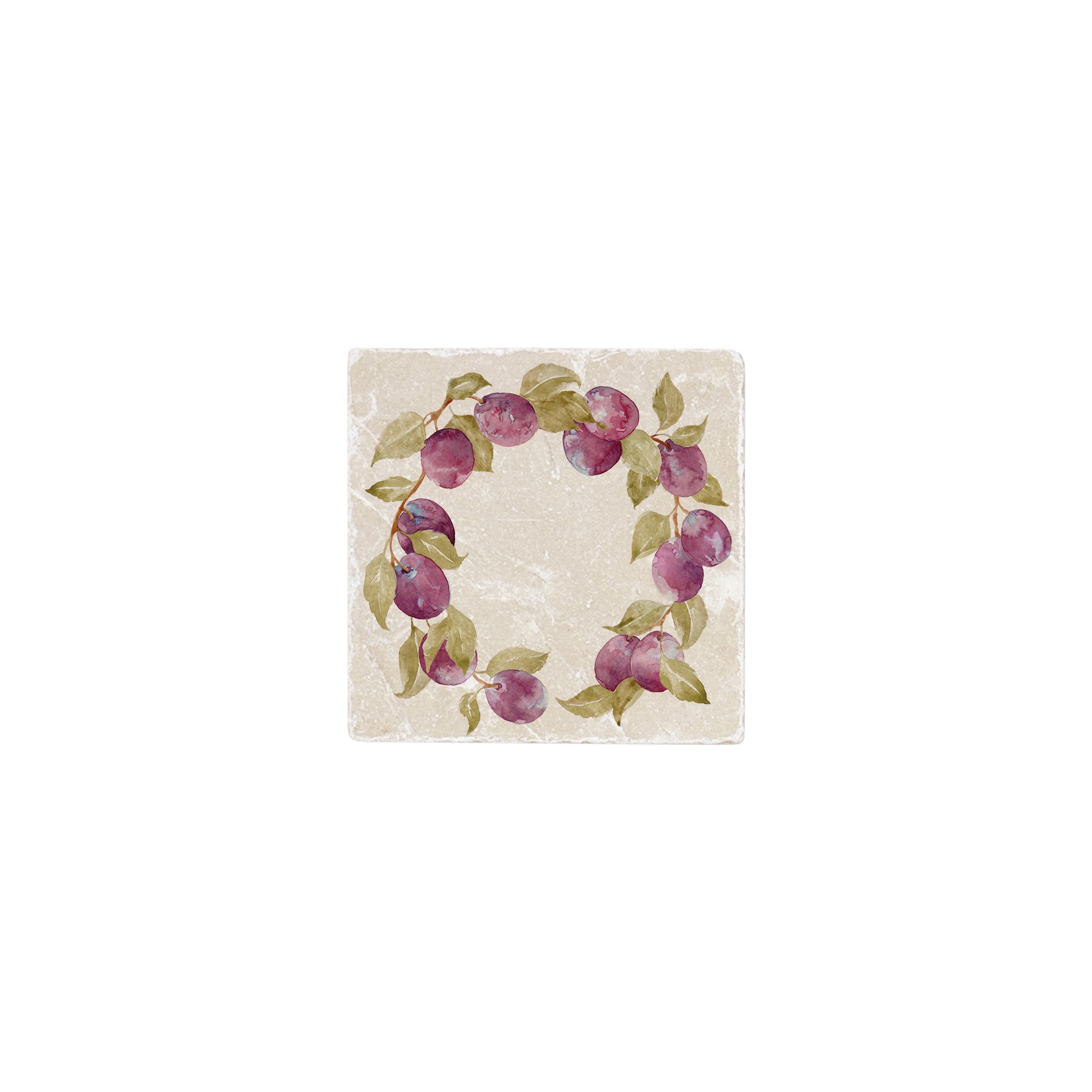 A square marble coaster featuring a watercolour fruit design that can be added to a mix and match set.