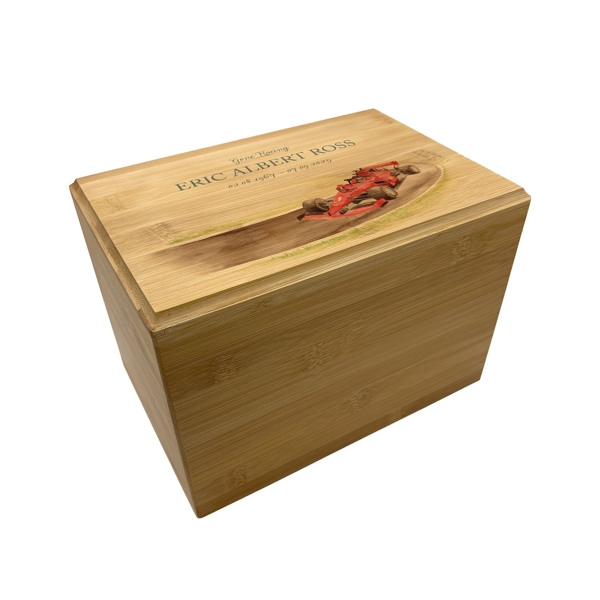 A beautifully crafted solid Bamboo wooden urn, personalised and finished with a soft watercolour design of a race car on a track, for the person who loved cars and all things racing. Great for Dad, Grandad, Brother, Son, Uncle.  Thoughtfully made for either display or burial, this personalised urn can be customised to create a meaningful memorial. Perfect for holding ashes of a loved one or a beloved pet, it serves as a comforting tribute and keepsake.