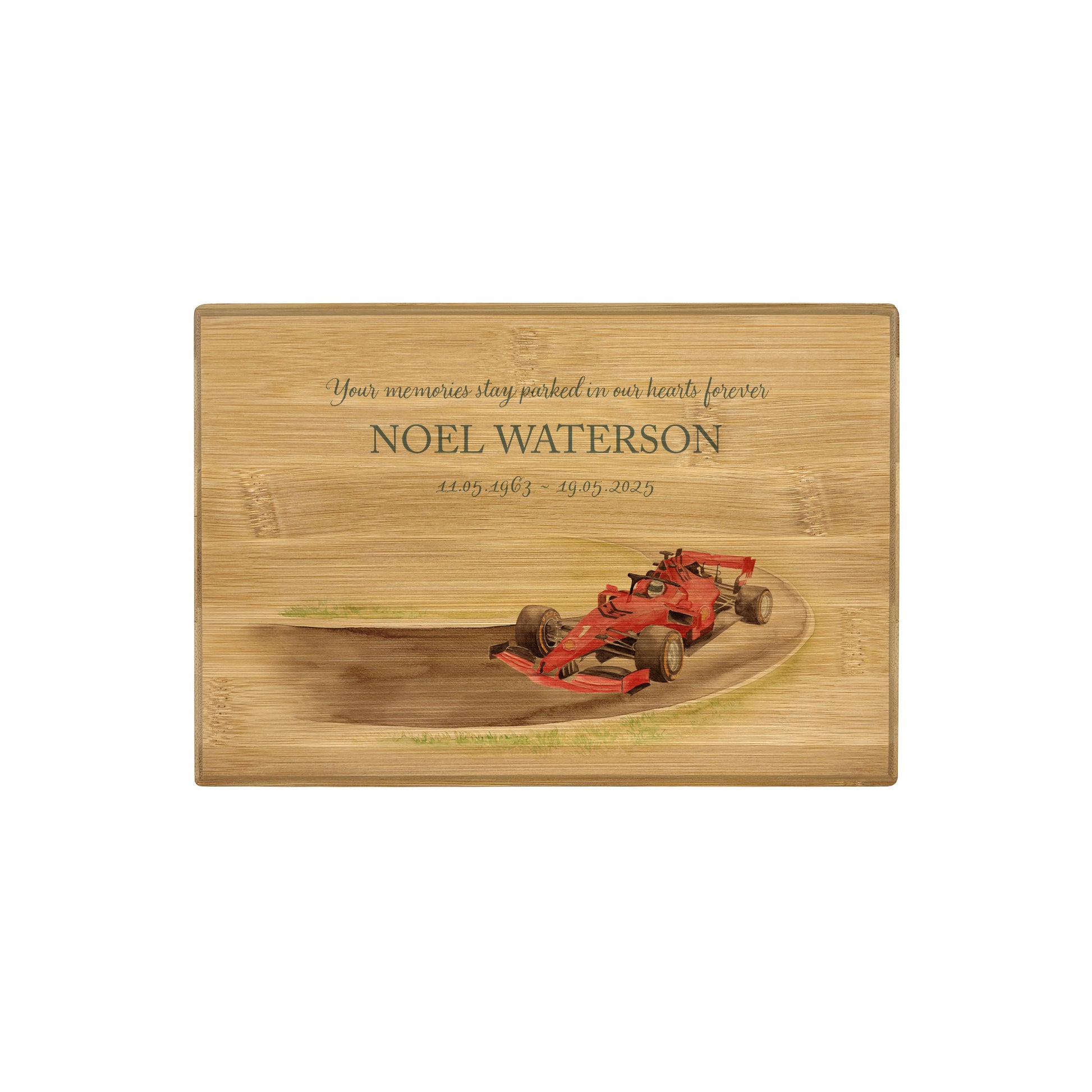 A beautifully crafted solid Bamboo wooden urn, personalised and finished with a soft watercolour design of a race car on a track, for the person who loved cars and all things racing. Great for Dad, Grandad, Brother, Son, Uncle.  Thoughtfully made for either display or burial, this personalised urn can be customised to create a meaningful memorial. Perfect for holding ashes of a loved one or a beloved pet, it serves as a comforting tribute and keepsake.