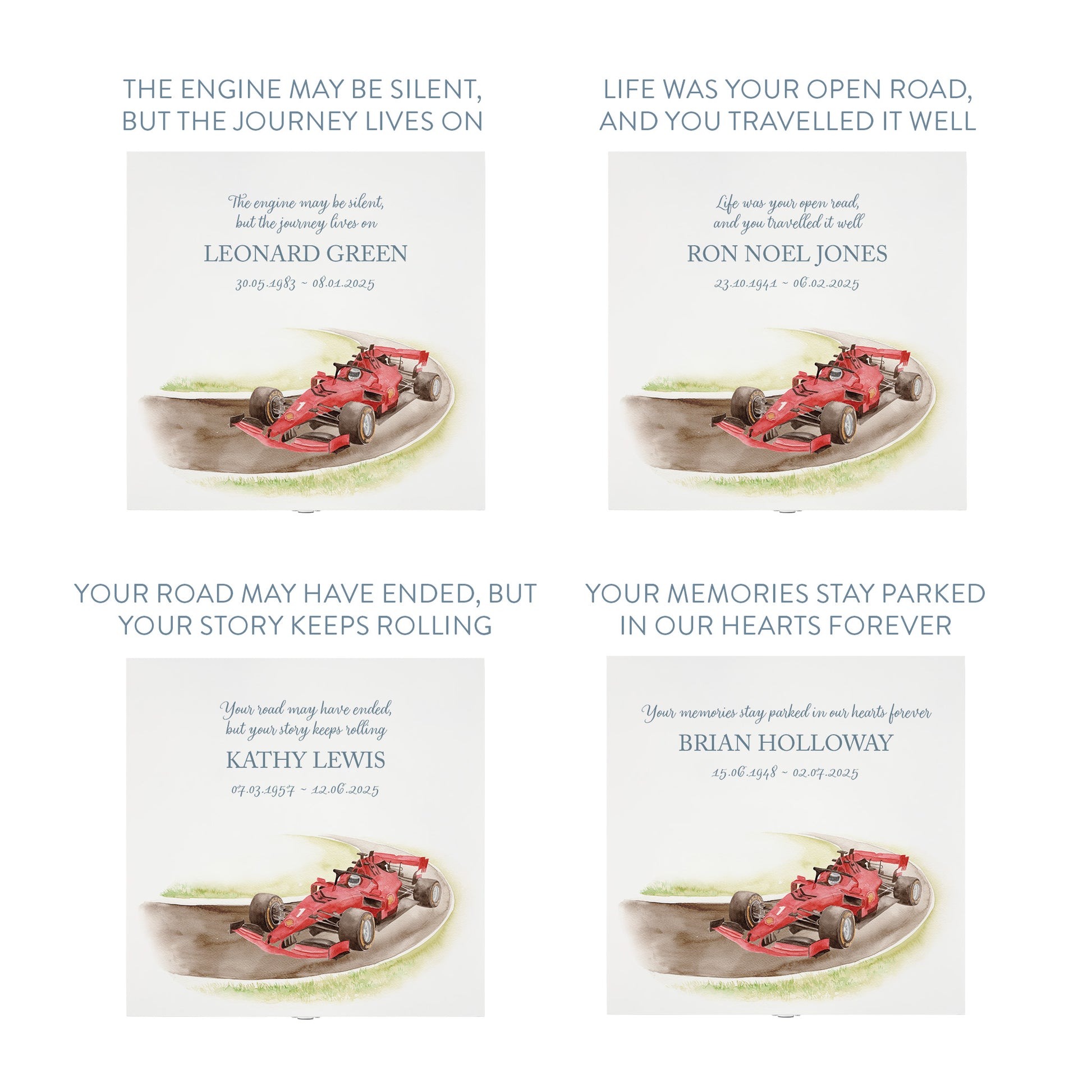 White Square personalised Wooden box with a decorative lid featuring illustrations of a race car on a track, perfect for Dad, Grandad, brother, son "Gone Racing" memorial Perfect funeral memory keepsake box, for storing ashes, order of service, flowers and capturing your loved ones things in one place.