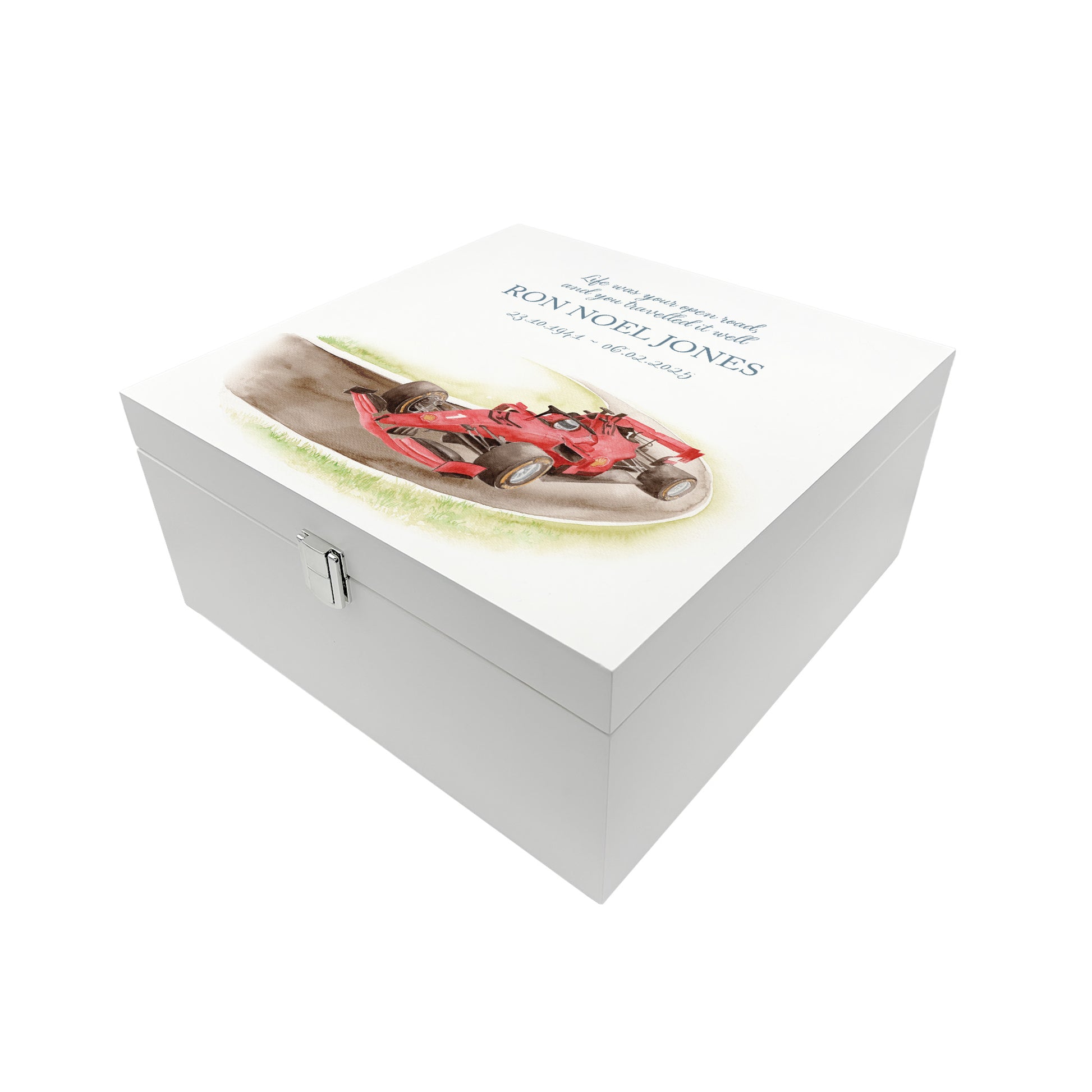 White Square personalised Wooden box with a decorative lid featuring illustrations of a race car on a track, perfect for Dad, Grandad, brother, son "Gone Racing" memorial Perfect funeral memory keepsake box, for storing ashes, order of service, flowers and capturing your loved ones things in one place.