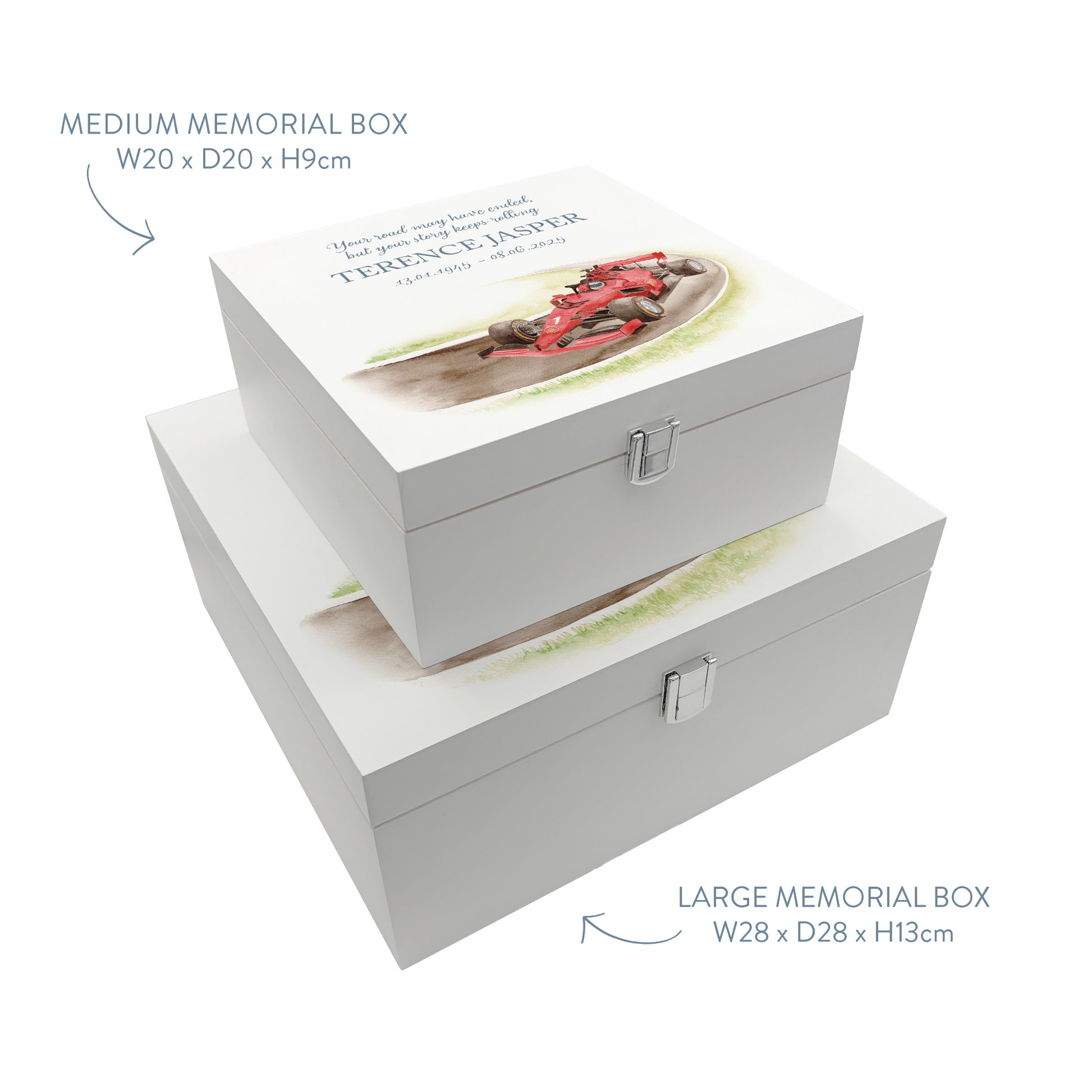 White Square personalised Wooden box with a decorative lid featuring illustrations of a race car on a track, perfect for Dad, Grandad, brother, son "Gone Racing" memorial Perfect funeral memory keepsake box, for storing ashes, order of service, flowers and capturing your loved ones things in one place.