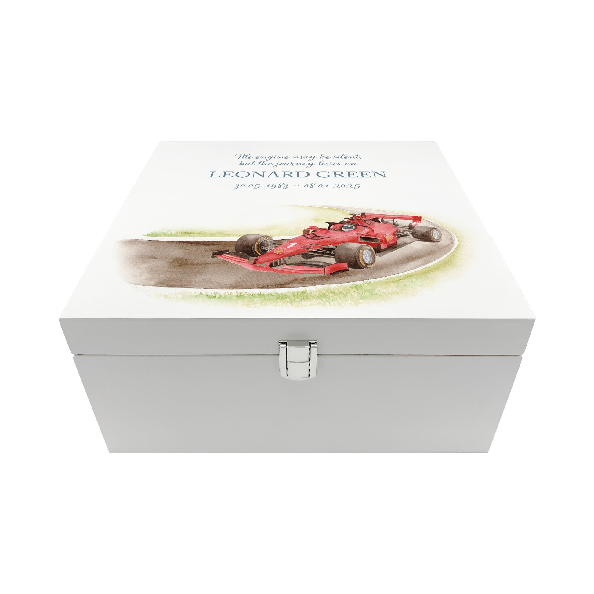White Square personalised Wooden box with a decorative lid featuring illustrations of a race car on a track, perfect for Dad, Grandad, brother, son "Gone Racing" memorial Perfect funeral memory keepsake box, for storing ashes, order of service, flowers and capturing your loved ones things in one place.